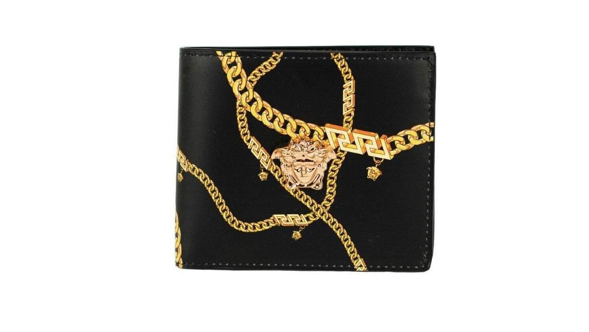 Versace Black Smooth Leather Gold Medusa Head Chain Logo Bifold