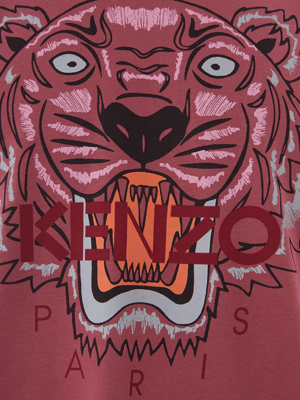 KENZO Light Red Cotton T shirt With Tiger Print And Front Logo in