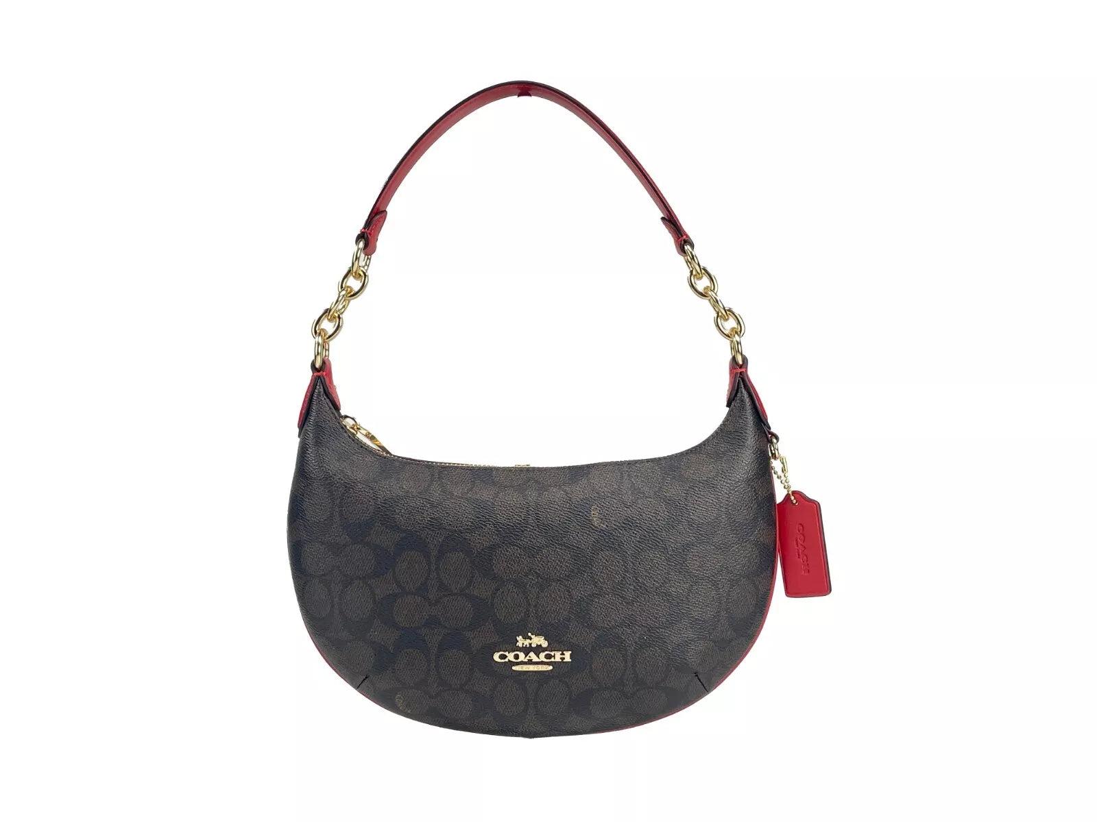 COACH Payton Signature Pvc Leather Shoulder Bag Brown Red in Black 