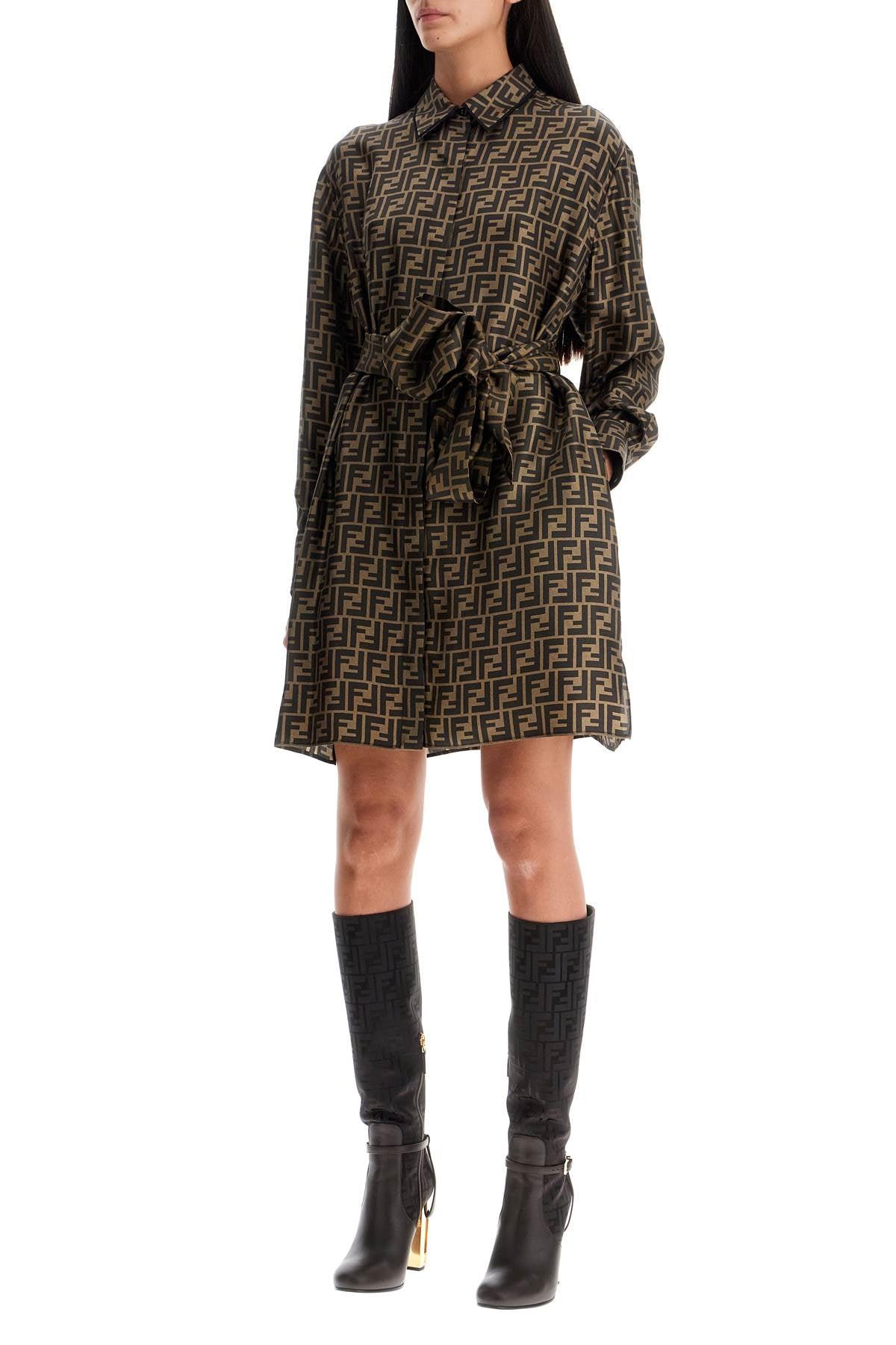 Fendi FF Silk Twill Belted Shirt Dress in Brown | Lyst