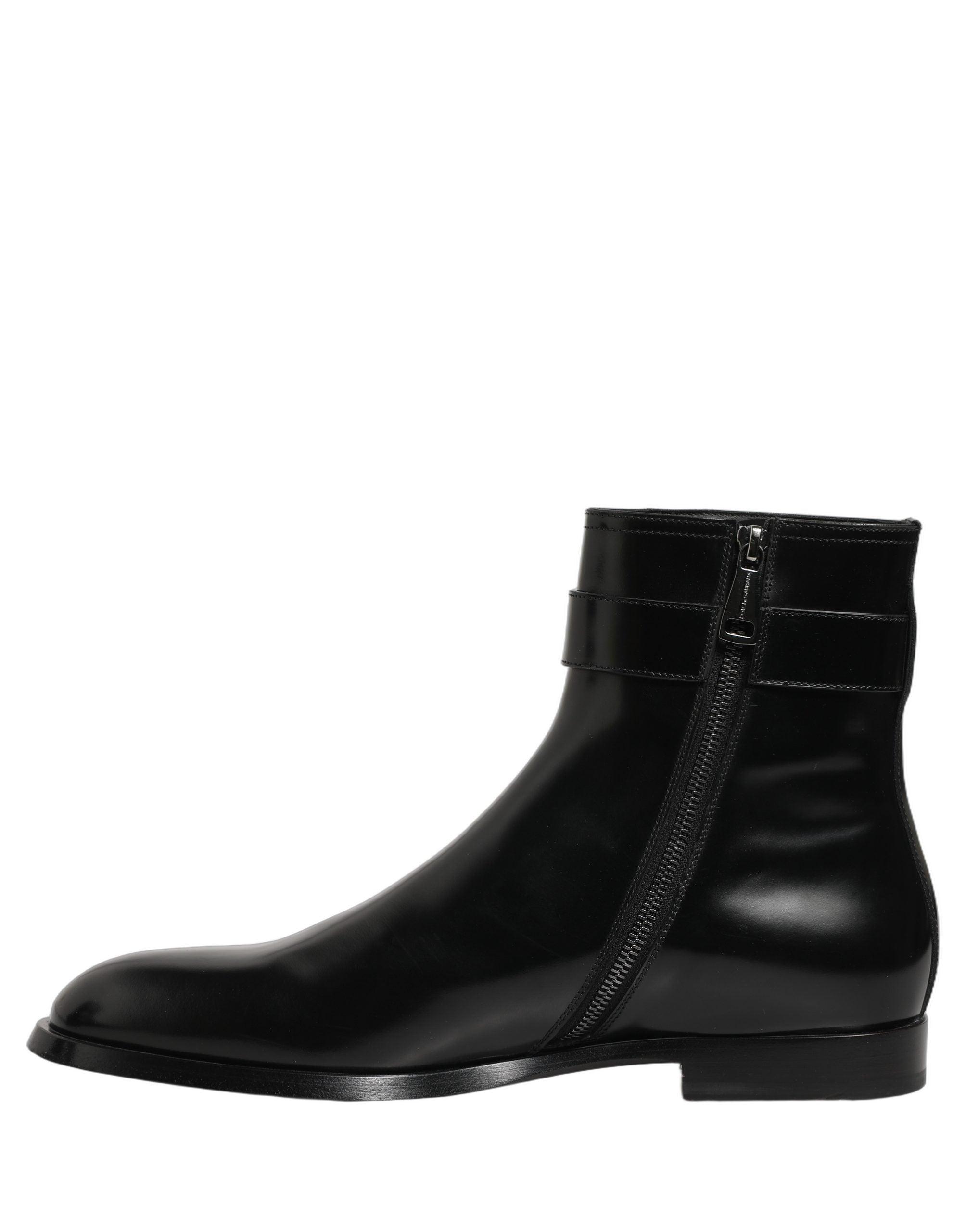 Dolce & Gabbana Black Leather Logo Buckle Mid Calf Boots Men  display picture 1