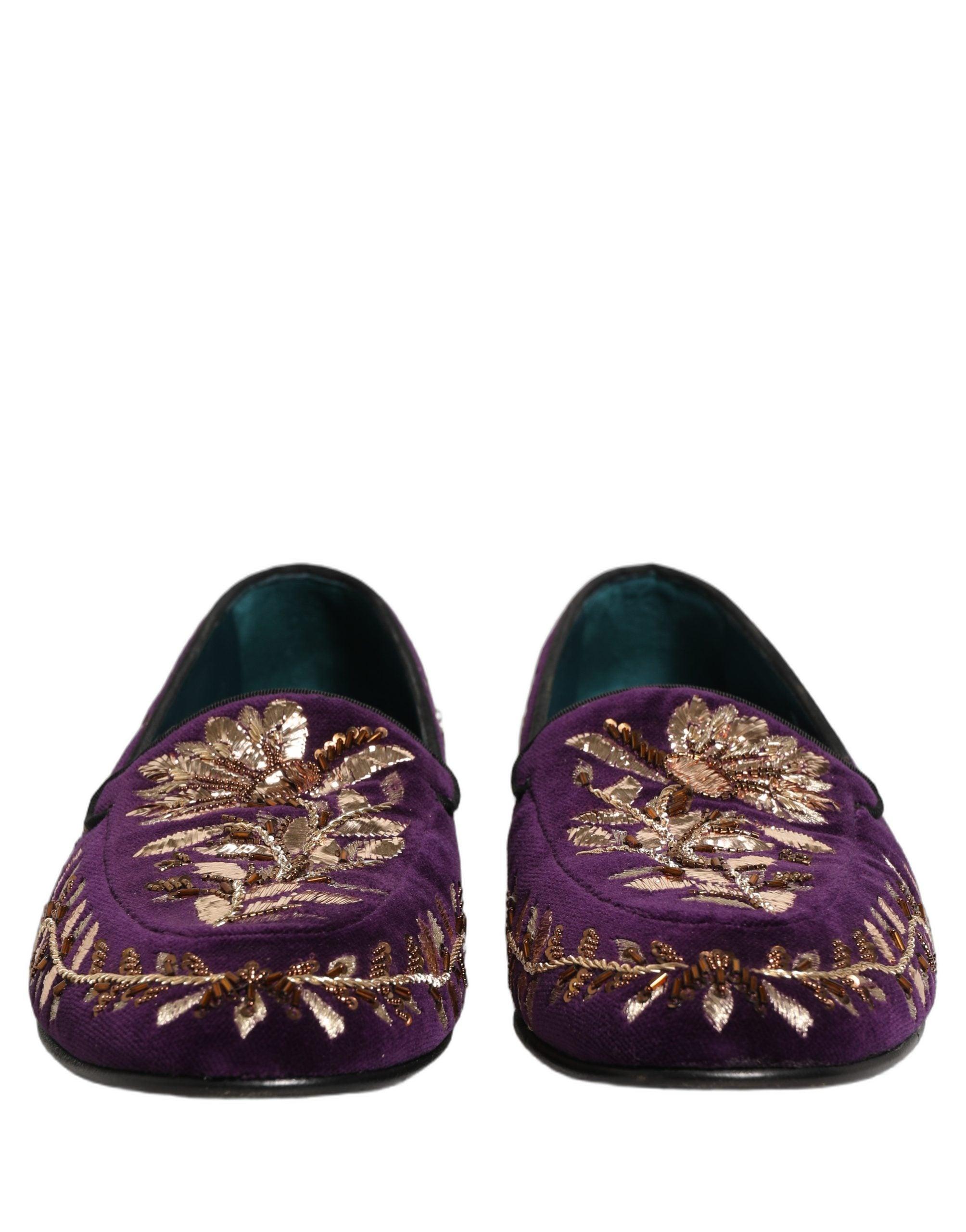 Dolce & Gabbana Violet Velvet Floral Embroidery Loafers  display picture 1
