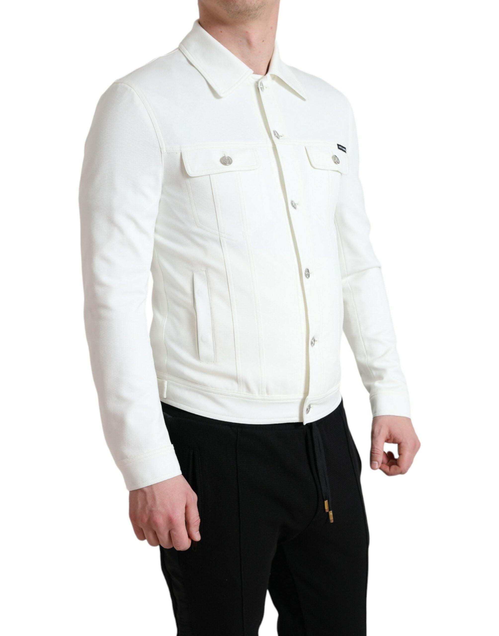 Dolce Gabbana White Cotton Stretch Collared Denim Jacket for Men