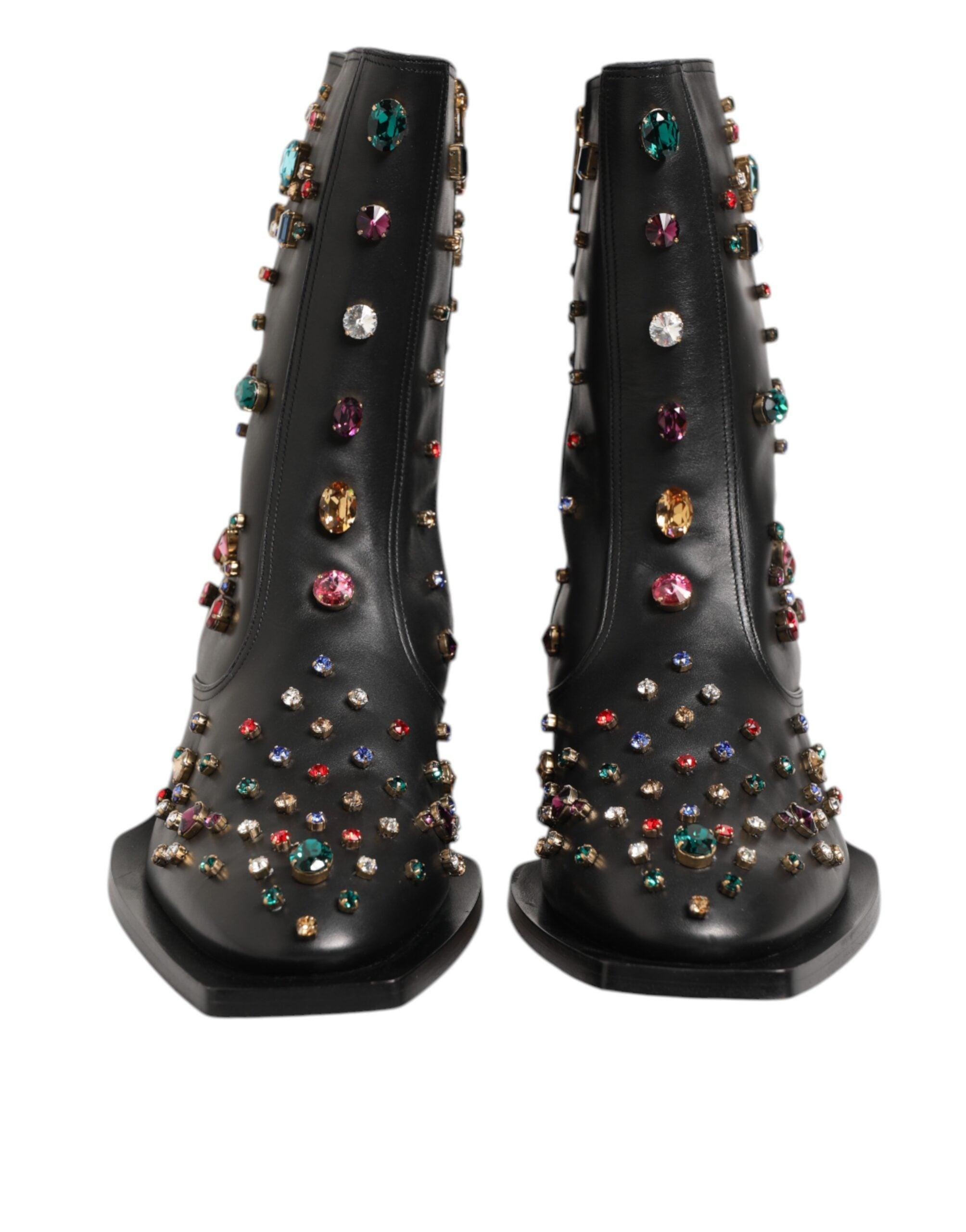 Dolce & Gabbana Gem Embellished Leather Ankle Boots in Black  display picture 2