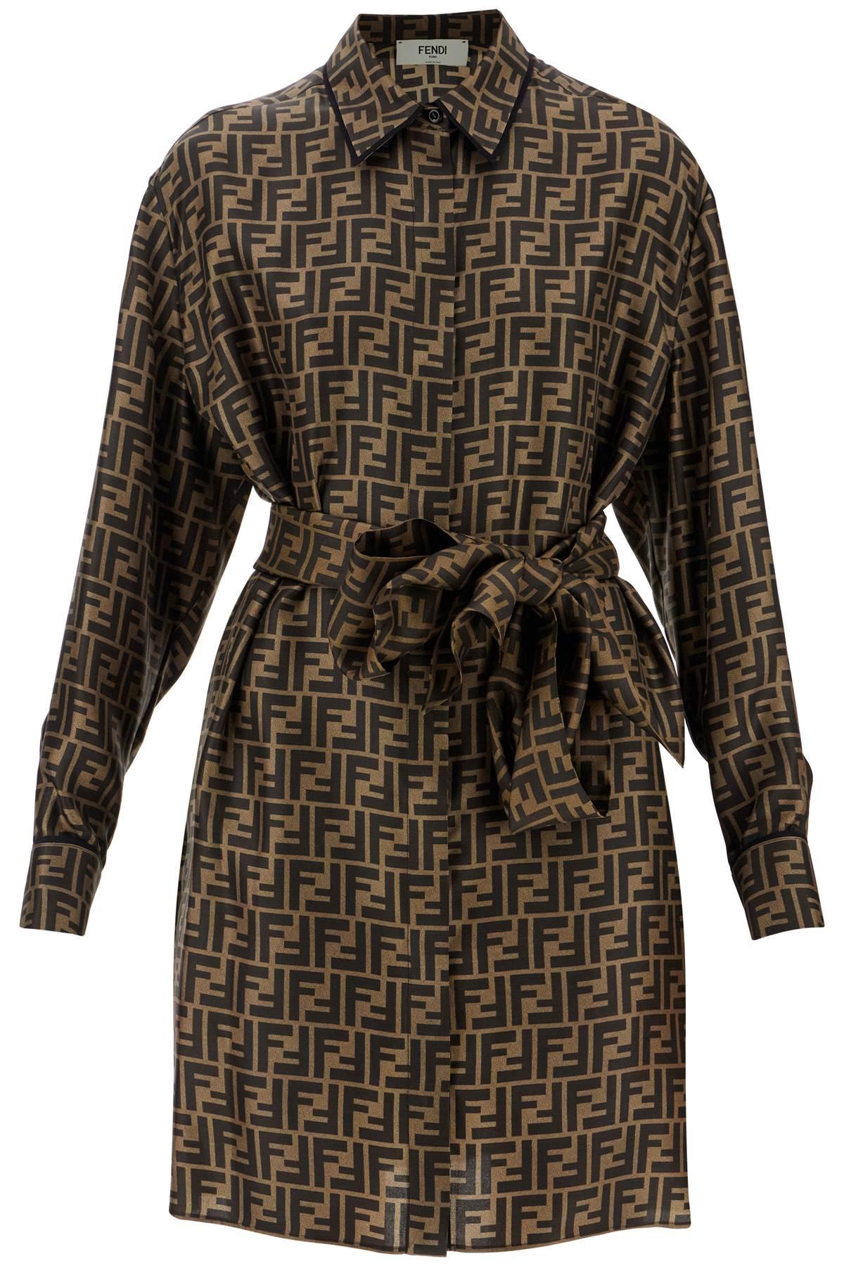Fendi FF Silk Twill Belted Shirt Dress in Brown | Lyst