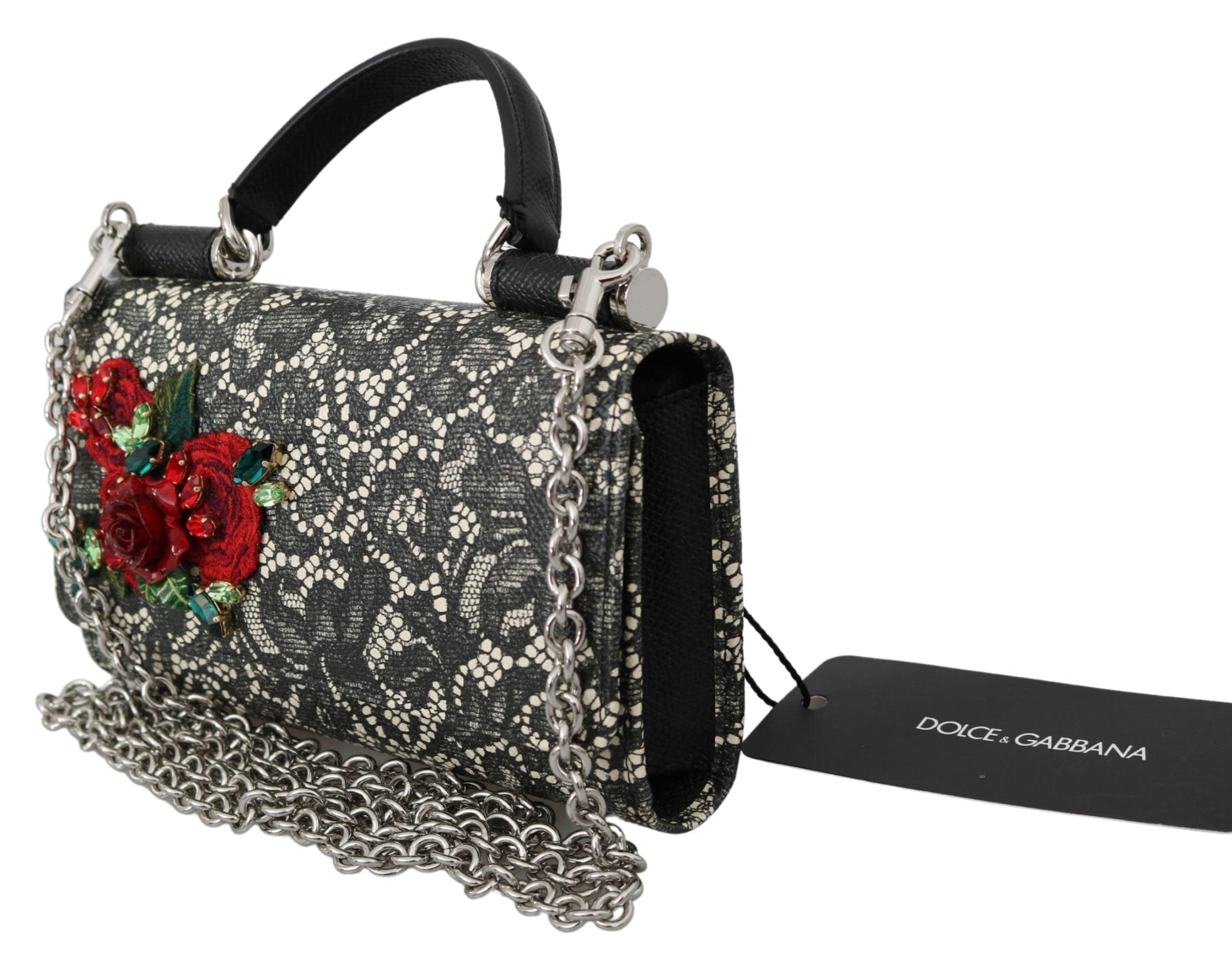 Dolce & Gabbana Black Lace Leather Crystal Roses Crossbody Bag | Lyst