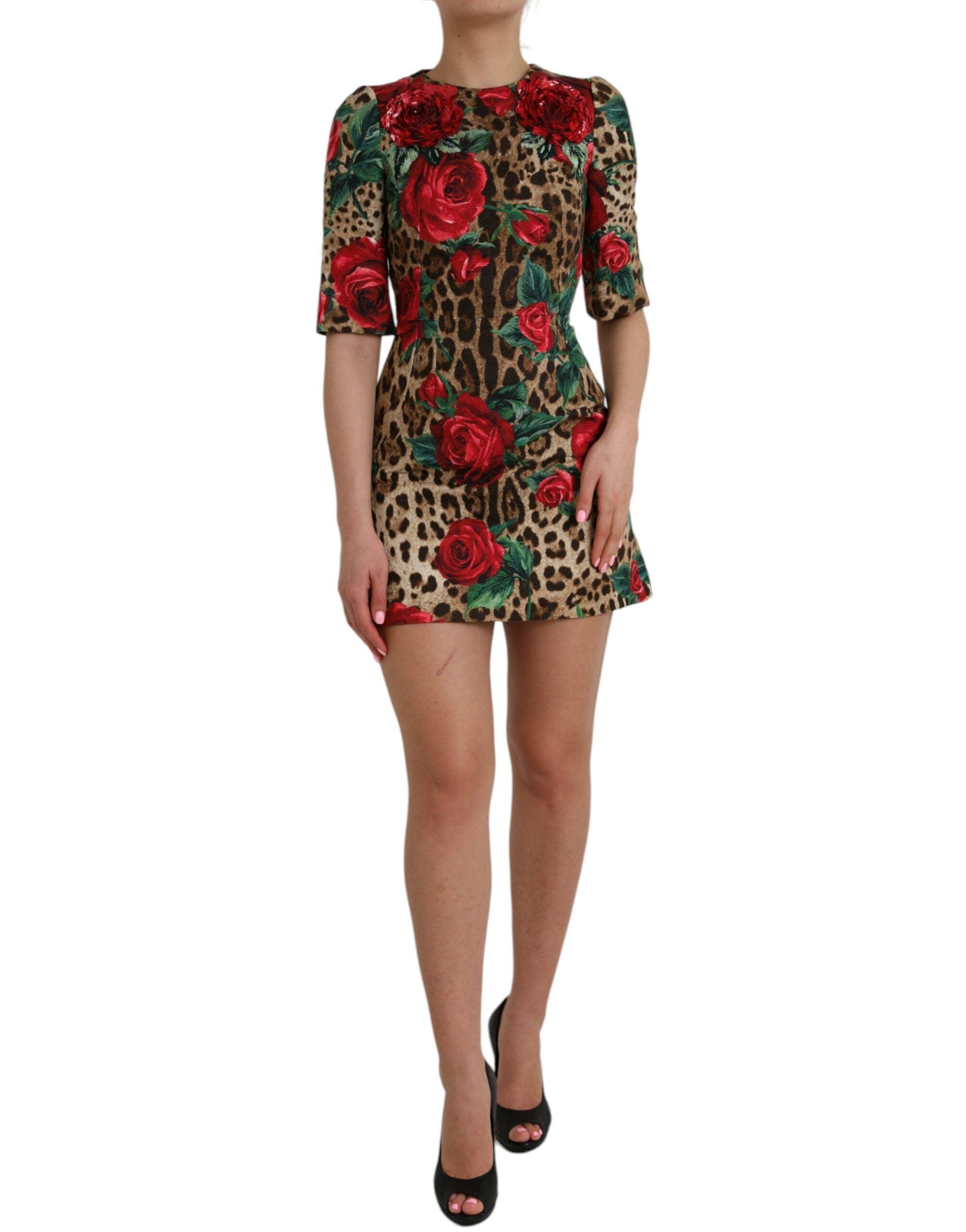 Dolce & Gabbana Leopard Roses Cotton A-Line Dress in Red | Lyst