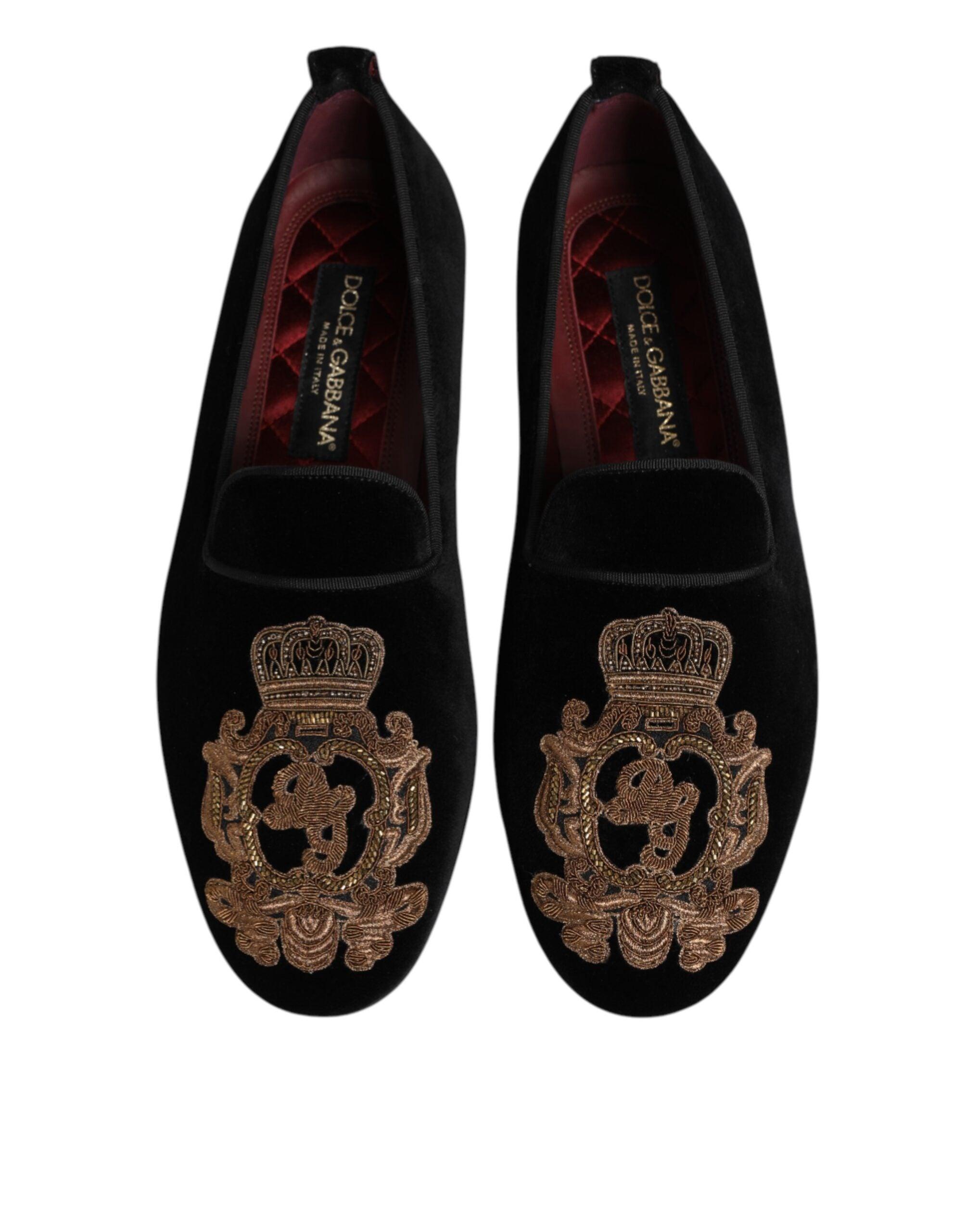 Dolce & Gabbana Black Velvet Gold Crown Mens Loafers Shoes 