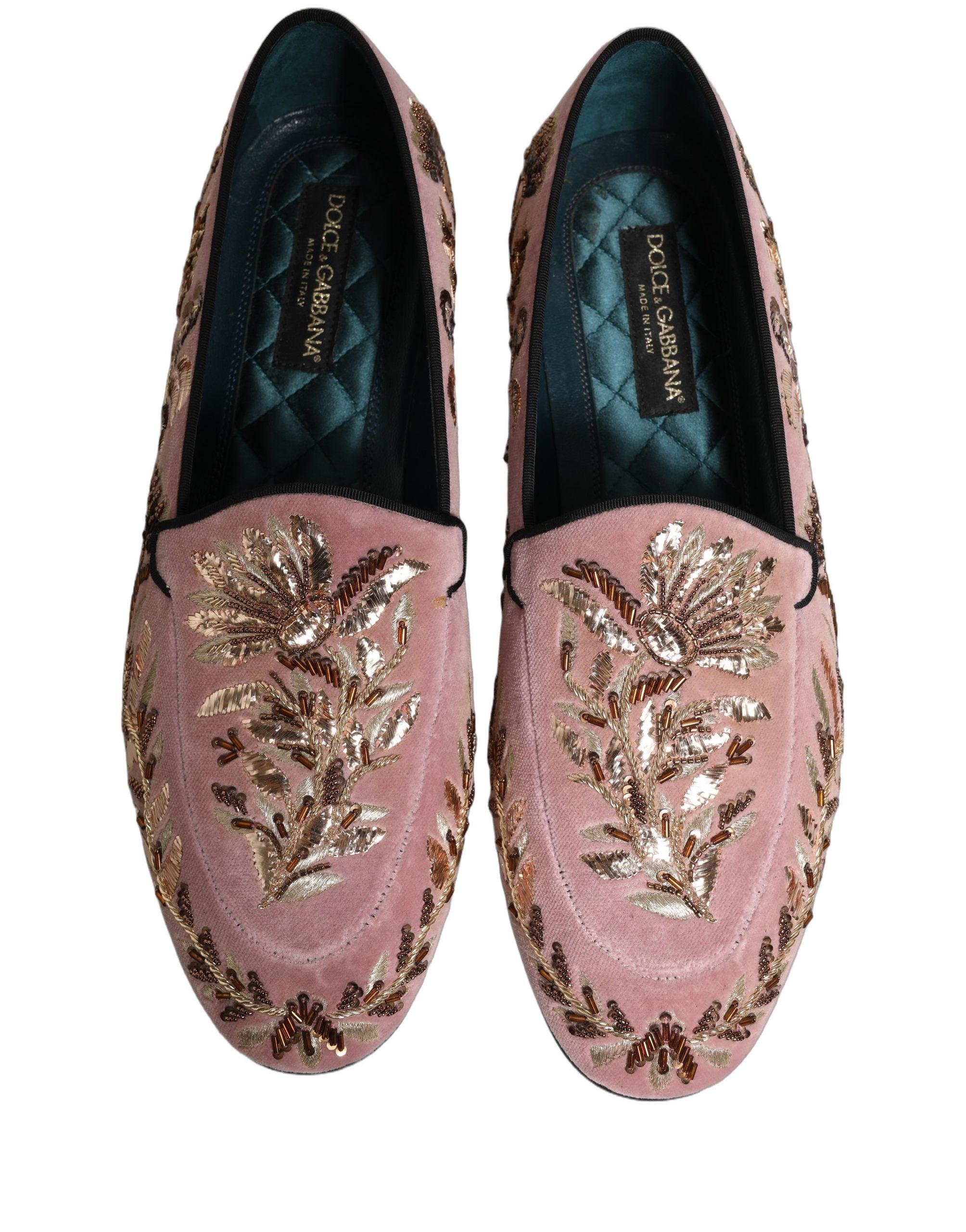 Dolce & Gabbana Pink Velvet Floral Embroidery Loafers Shoes  display picture 2