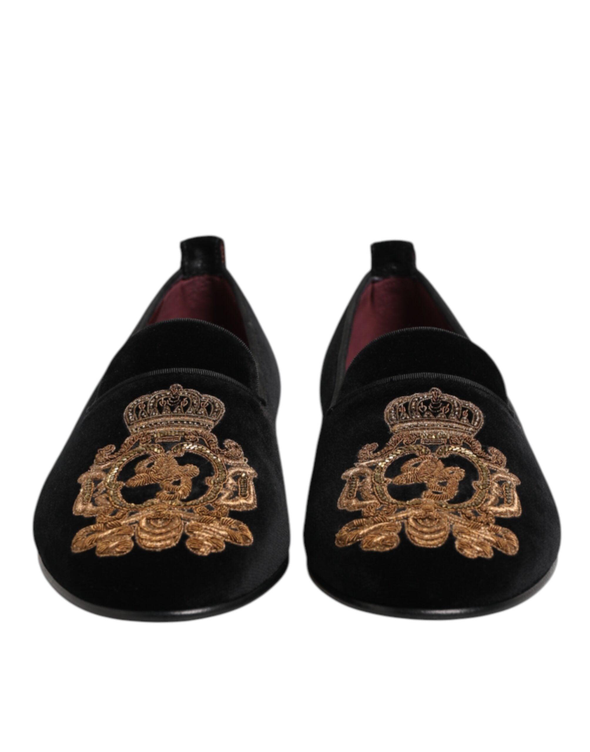 Dolce & Gabbana Black Velvet Gold Crown Mens Loafers Shoes 