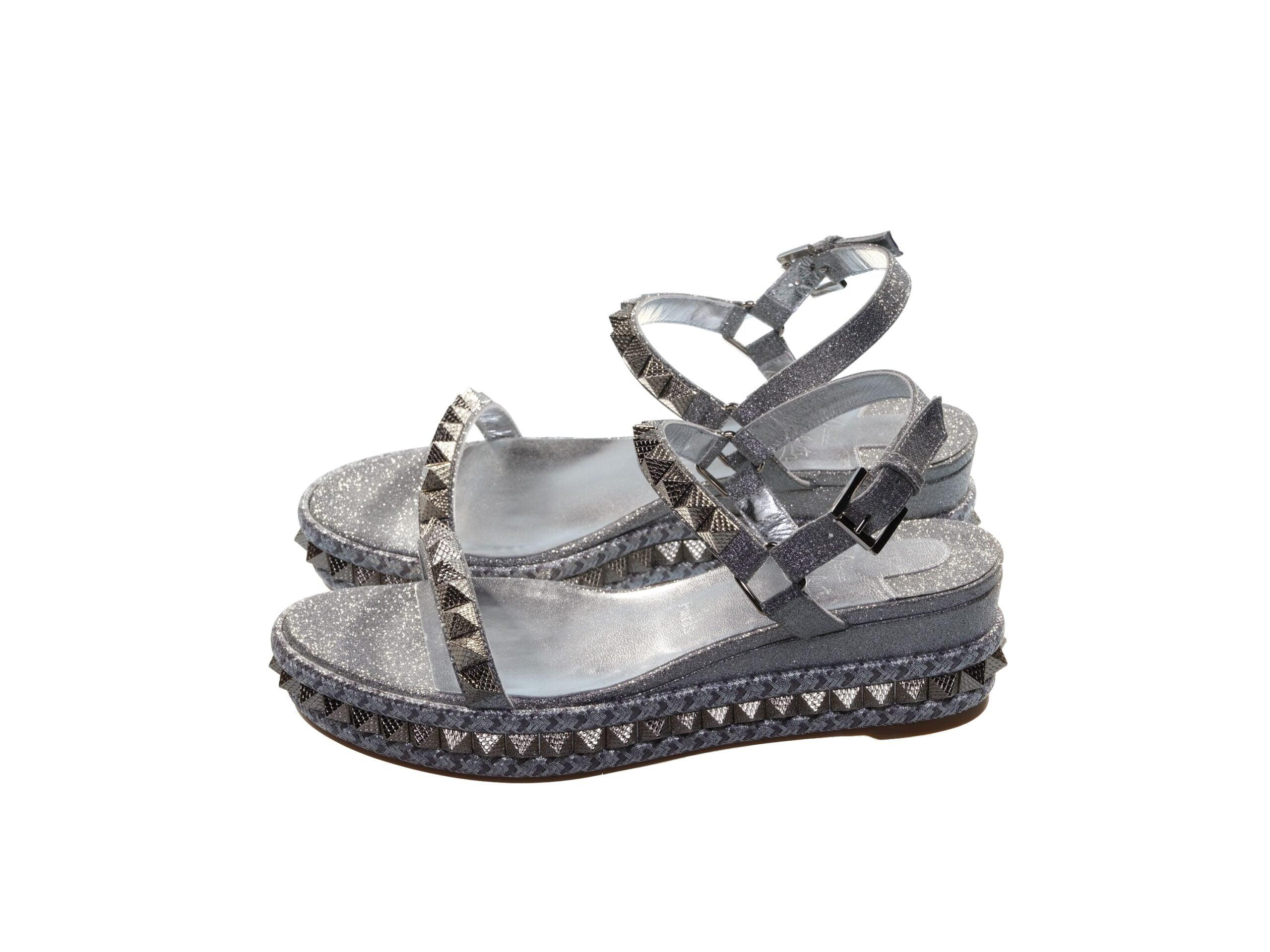 Christian Louboutin Pyraclou 60 Silver Studded Platform Wedge Sandals in Black Lyst