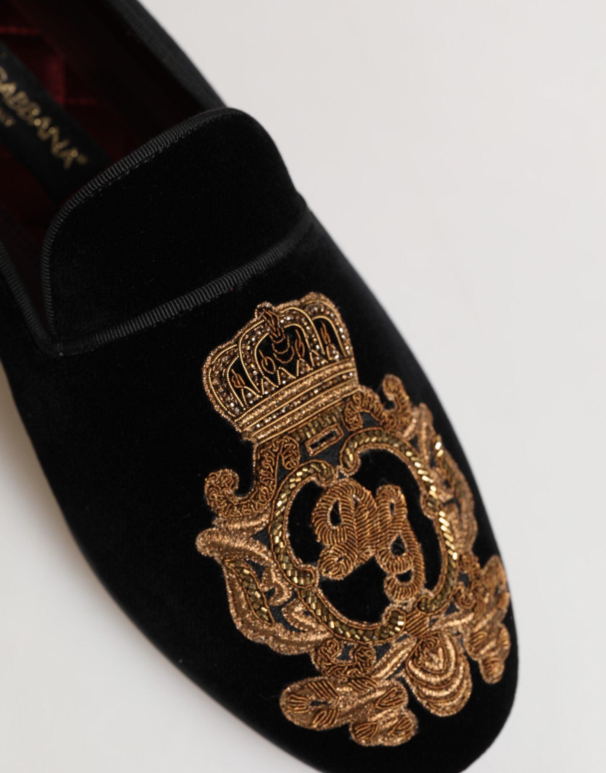Dolce & Gabbana Black Velvet Gold Crown Mens Loafers Shoes 