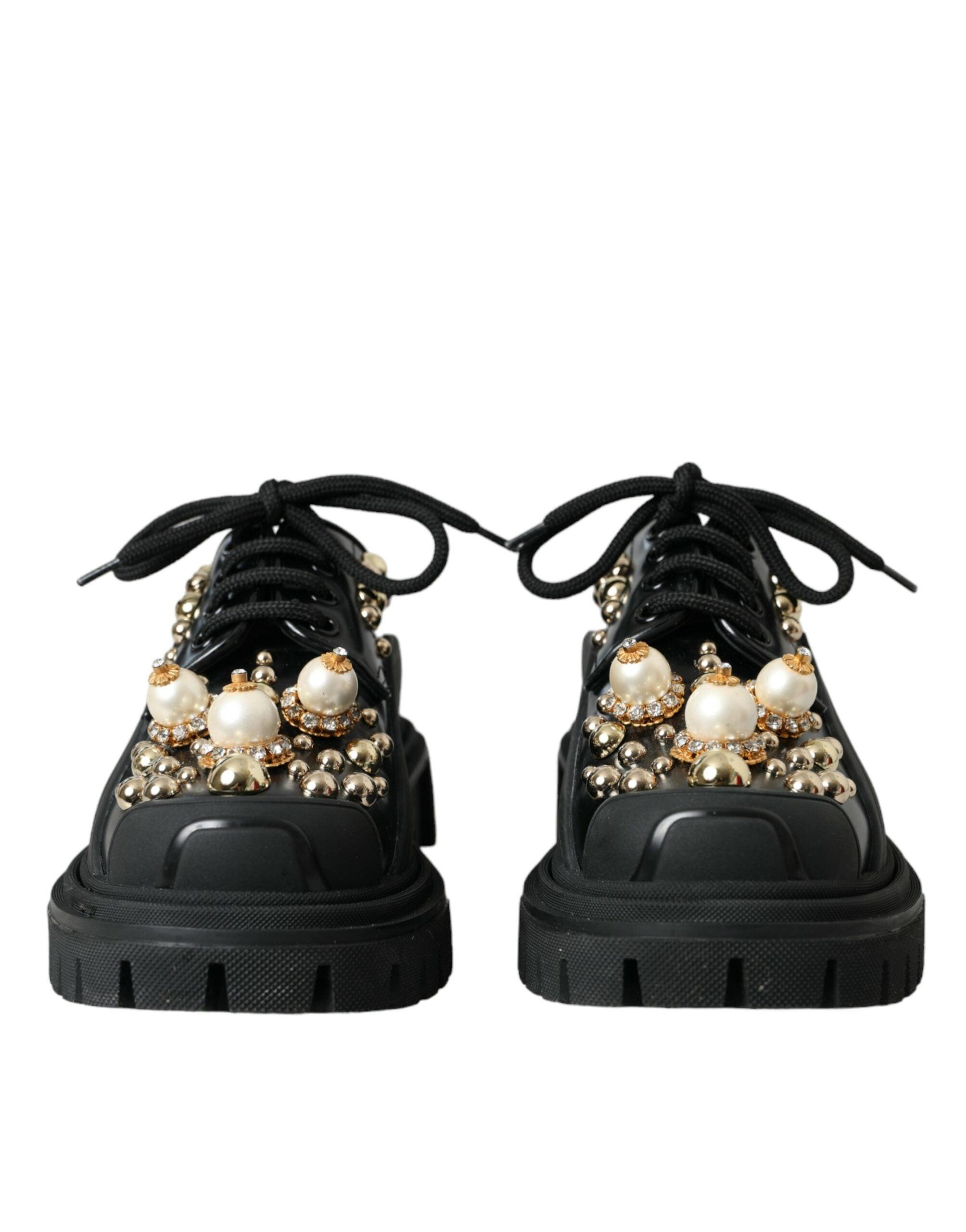 Dolce & Gabbana Black Leather Trekking Derby Embellished