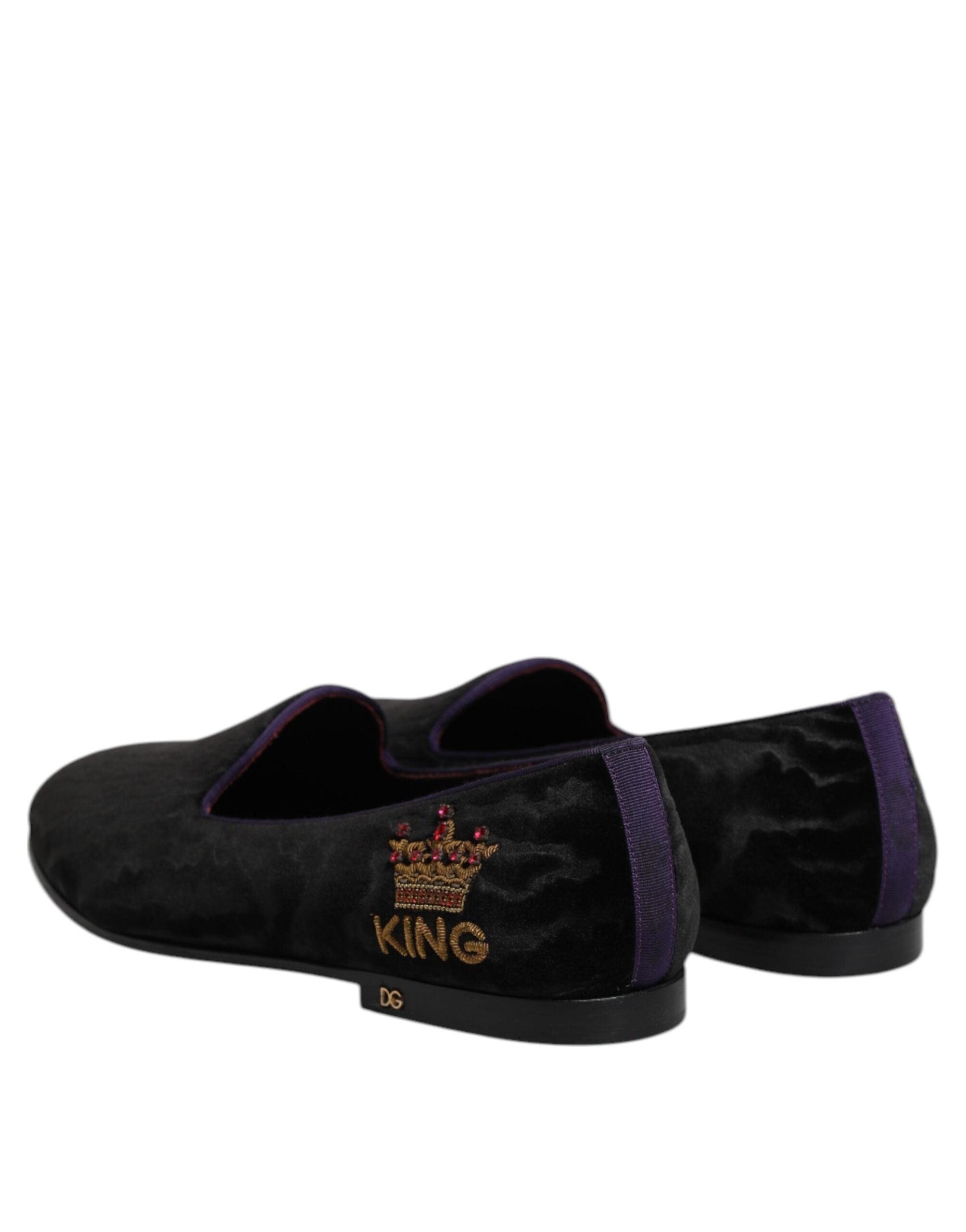 Dolce & Gabbana Black Dg Crown Embroidery Loafers Slip On 
