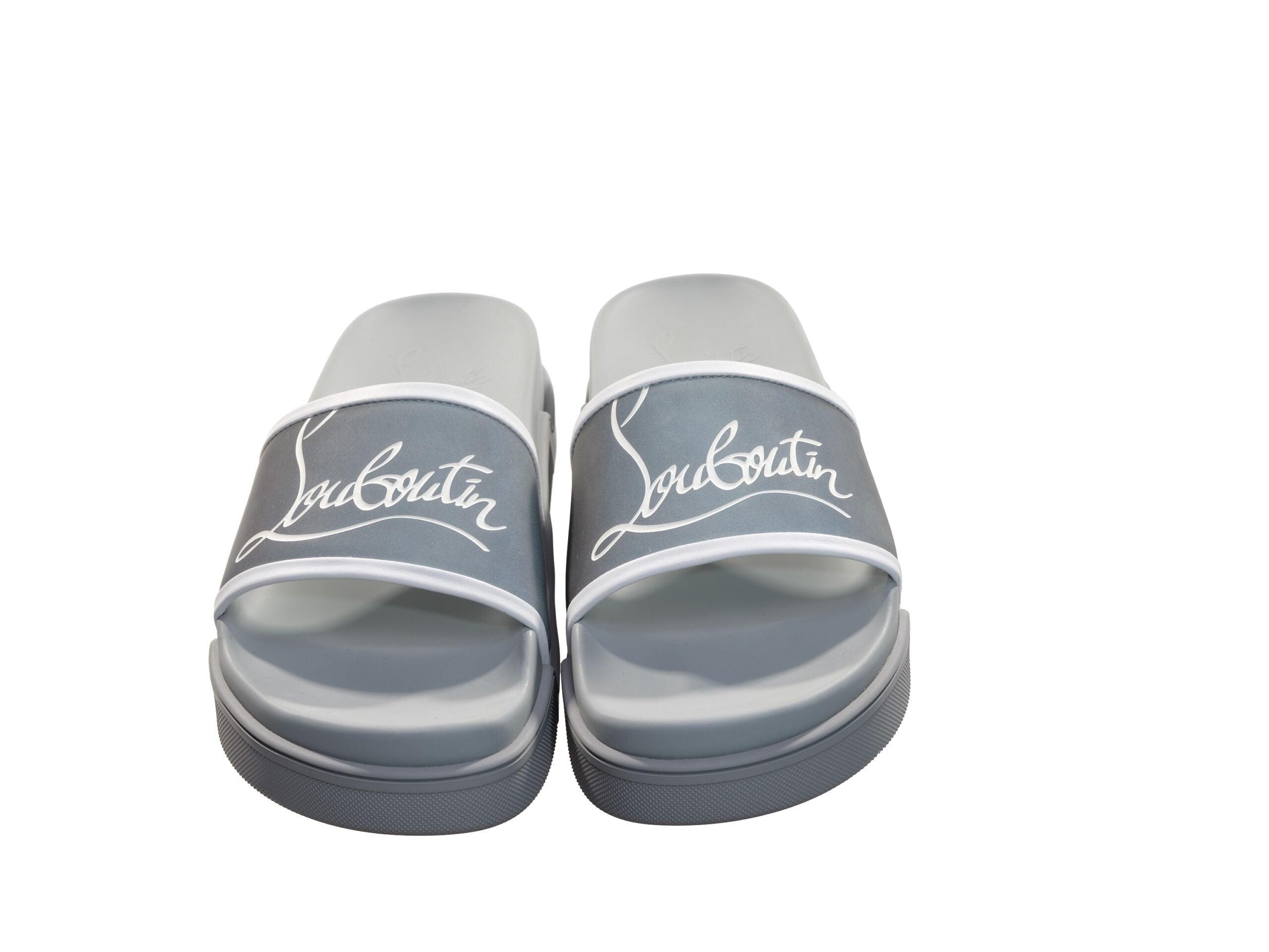 Christian Louboutin Navy Pool Flat Silver Rubber Slides in