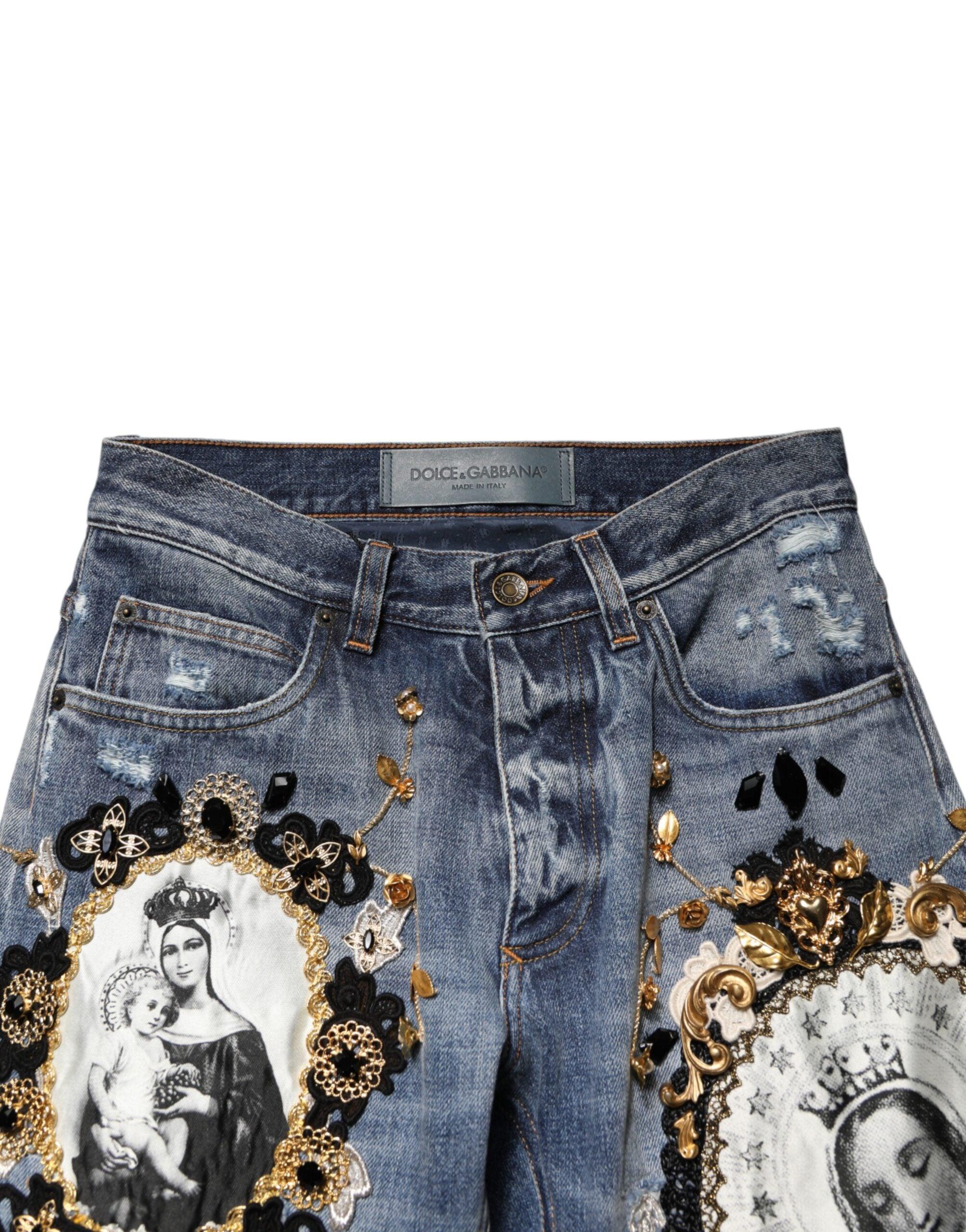 Dolce & Gabbana Blue Ripped Embellished Cotton Denim Jeans for Men