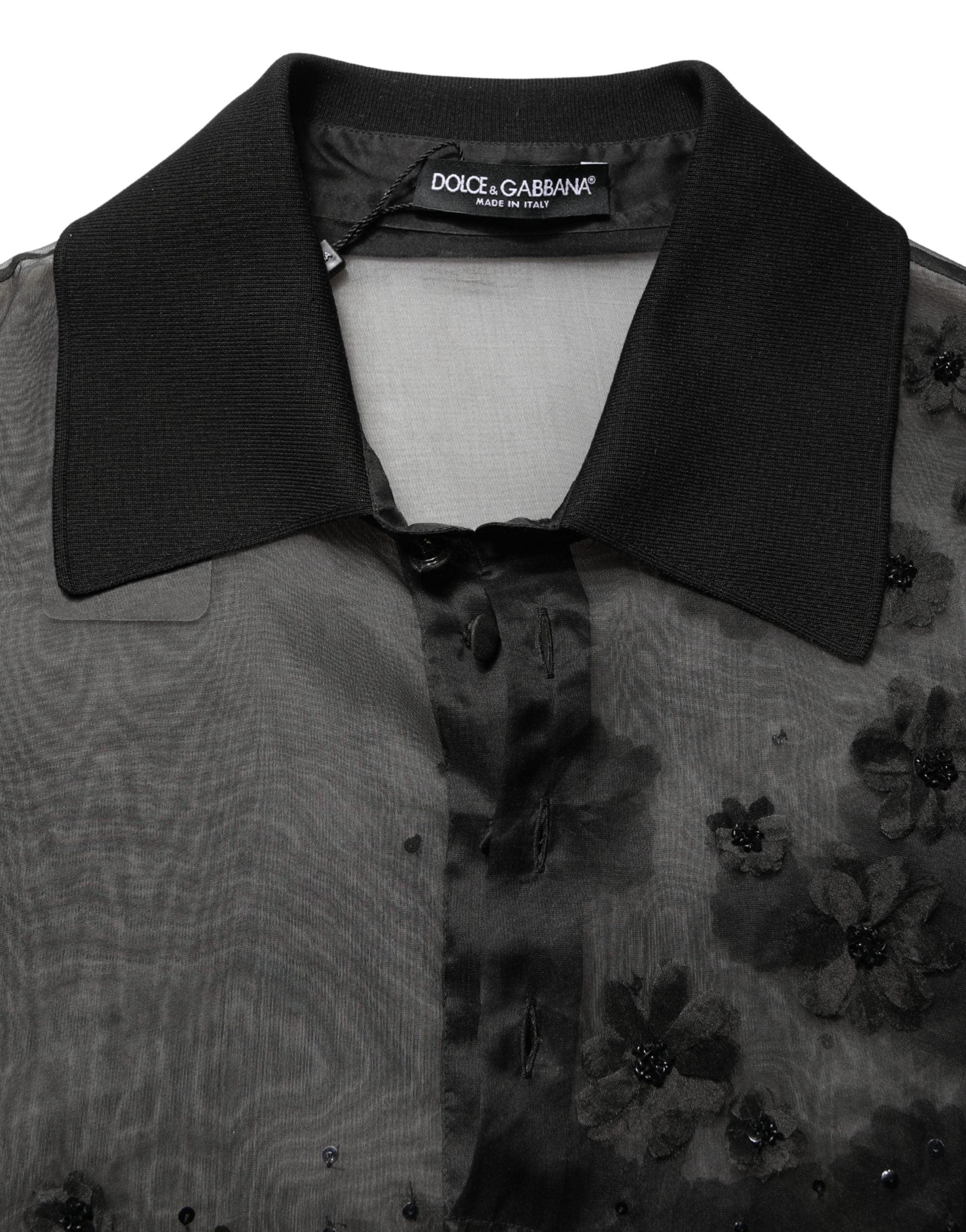 Dolce & Gabbana Black Floral Applique Sheer Short Sleeve Shirt for 