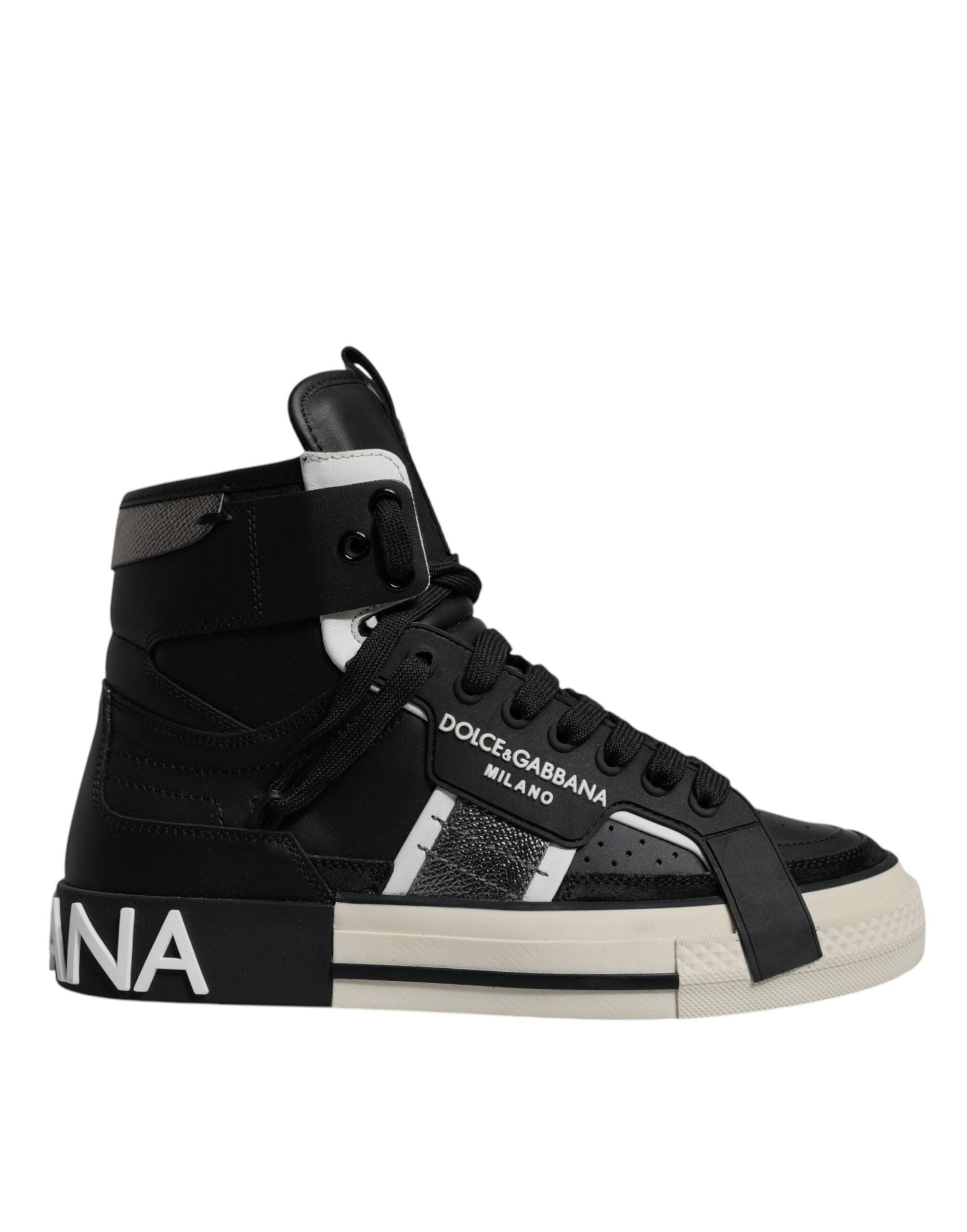 Dolce & Gabbana Black Silver Leather High Top Sneaker Shoes for 