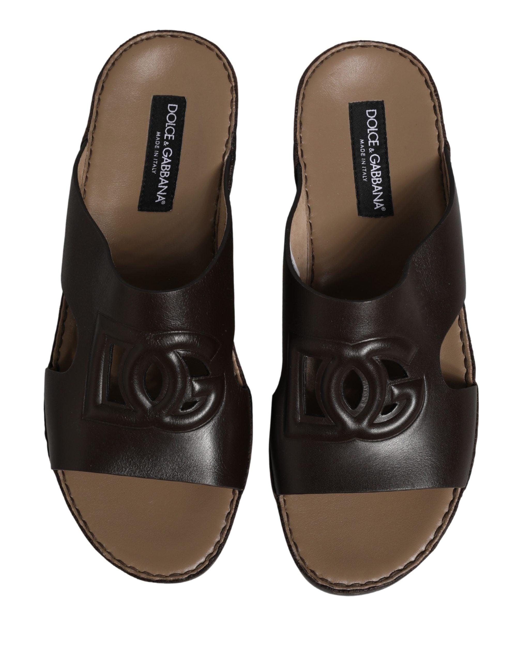 Dolce & Gabbana Brown Leather Cutout Dg Logo Sandals Shoes  display picture 2