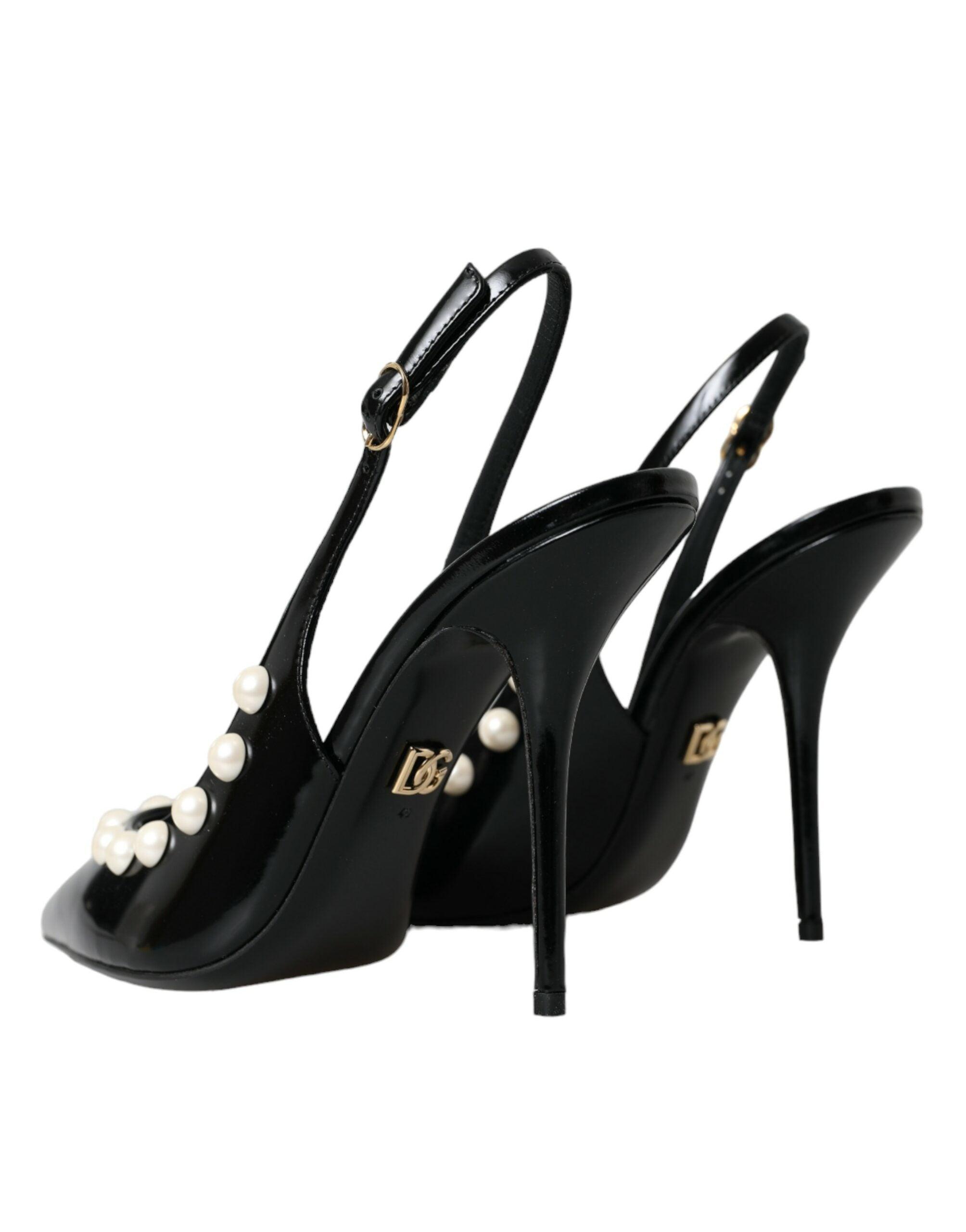 Dolce Gabbana Leather Faux Pearl Heel Slingback Shoes in Black Lyst UK