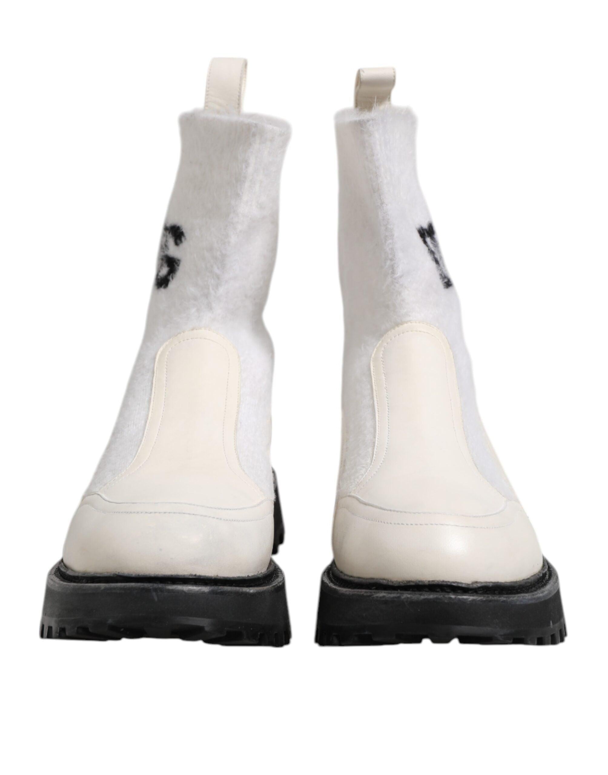 Dolce & Gabbana White Plush Logo Padded Mid Calf Boots Shoes