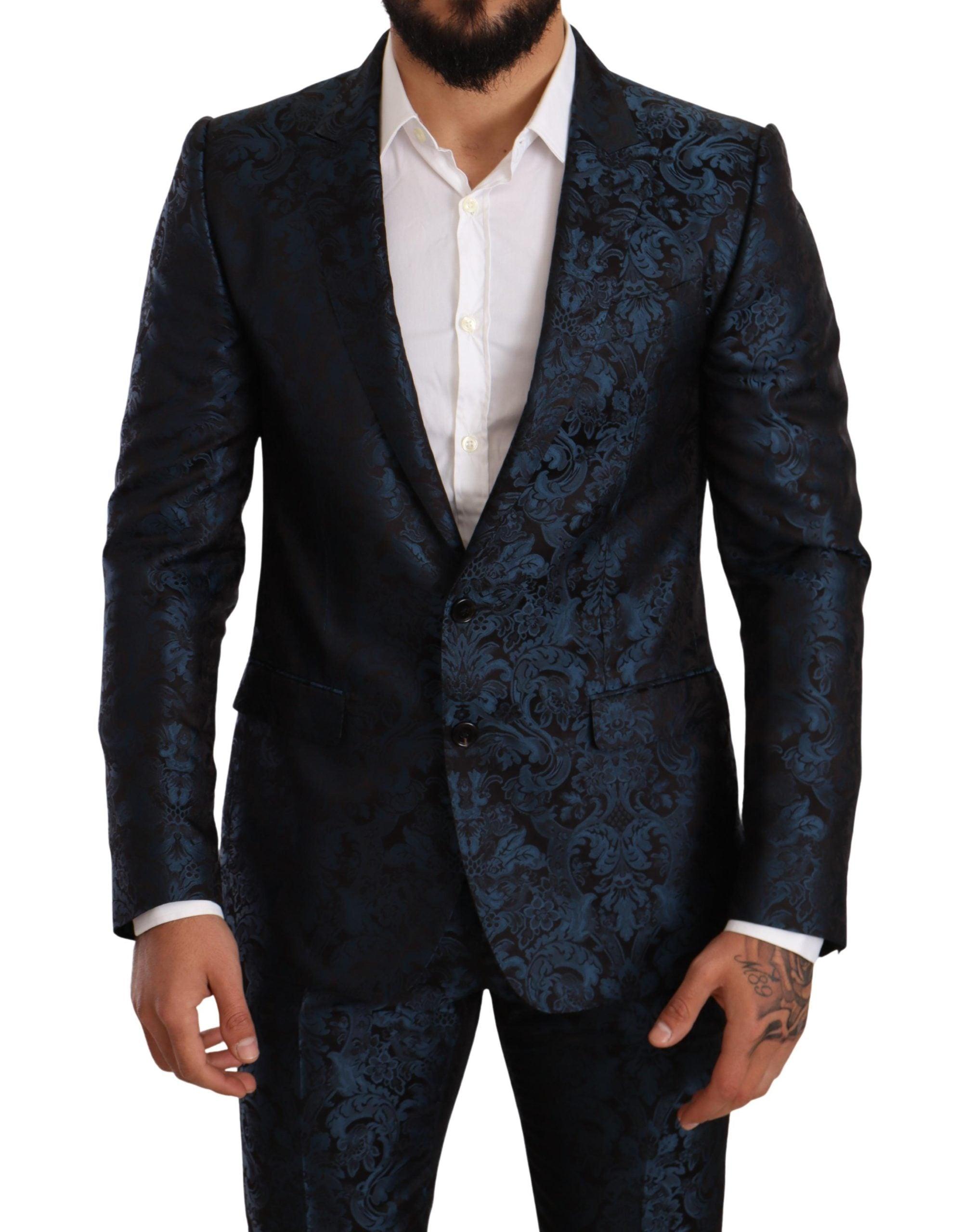 Dolce & Gabbana Silk Blue Black Jacquard 2 Piece Set Martini Suit for Men Mens Clothing Suits 