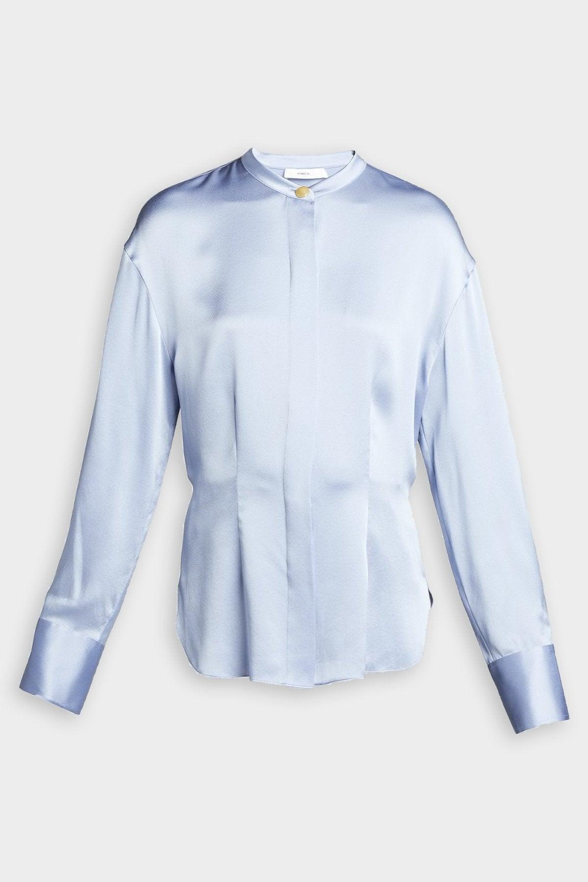 Vince Silk Shaped Long Sleeve Band Collar Blouse In Peri Blue | Lyst