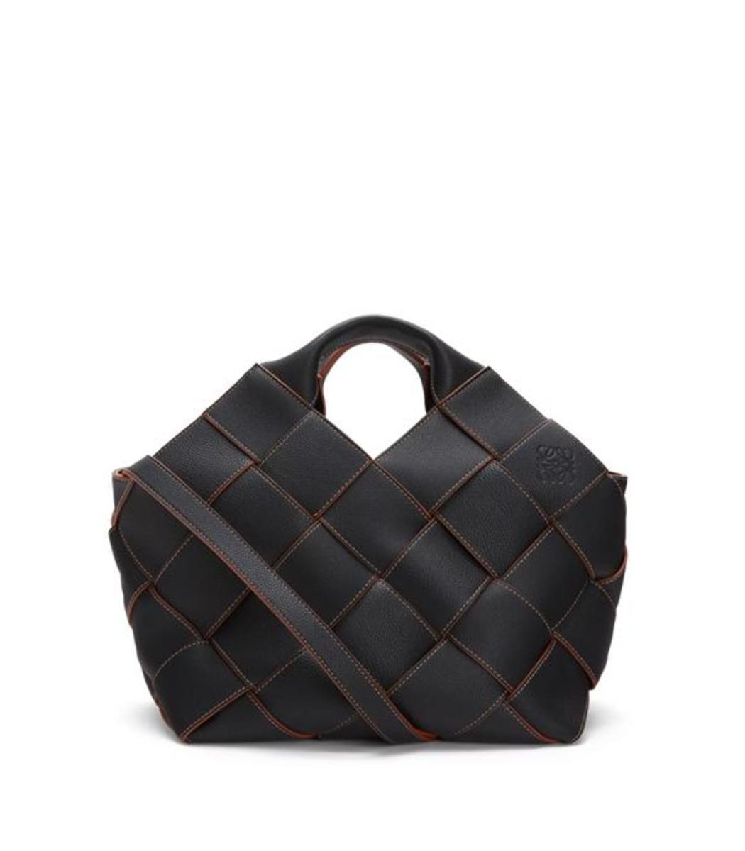 black woven leather handbag