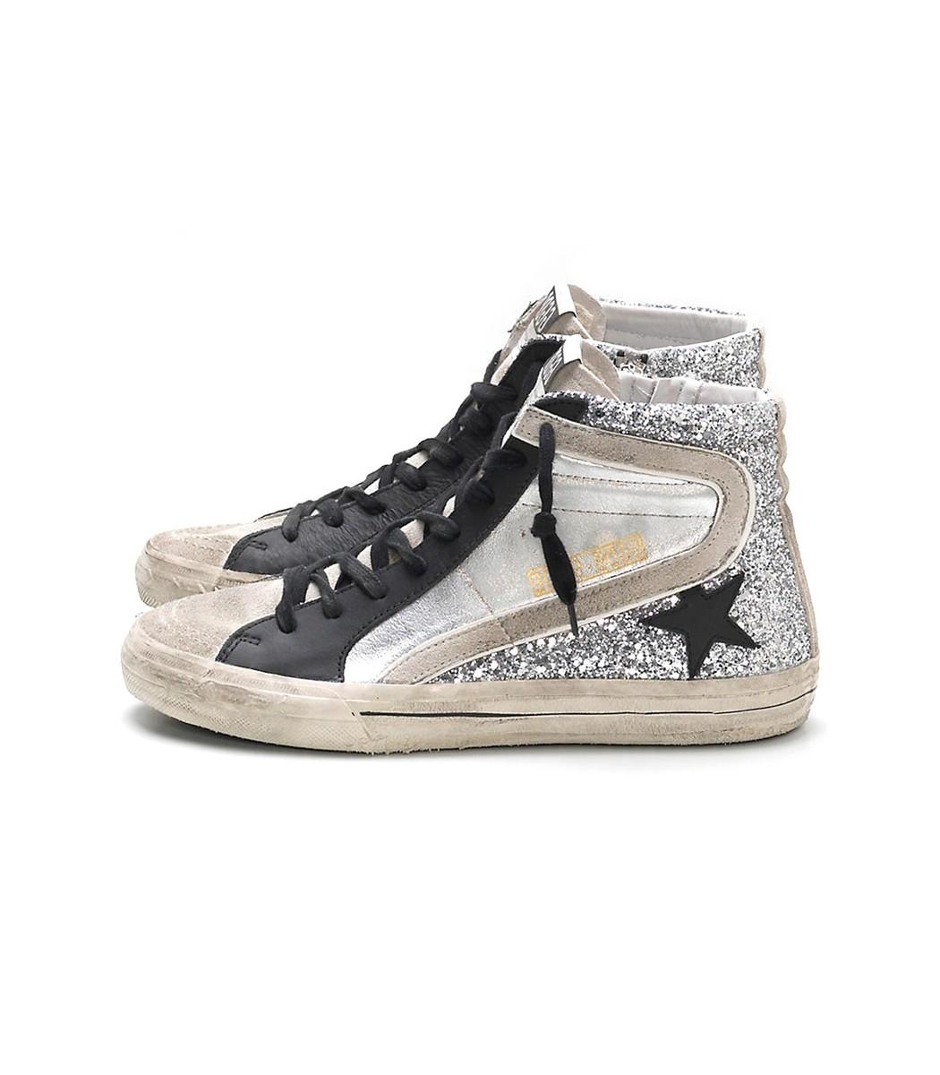 golden goose slide sneakers in silver laminated leather and glitter