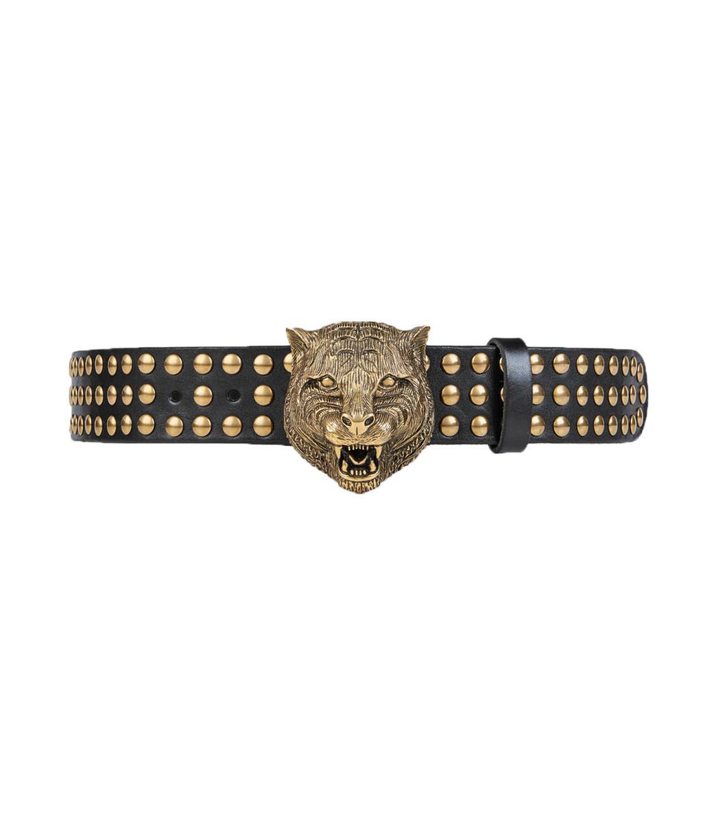 Gucci Leather Black/gold Studded Tiger Head Belt - Lyst