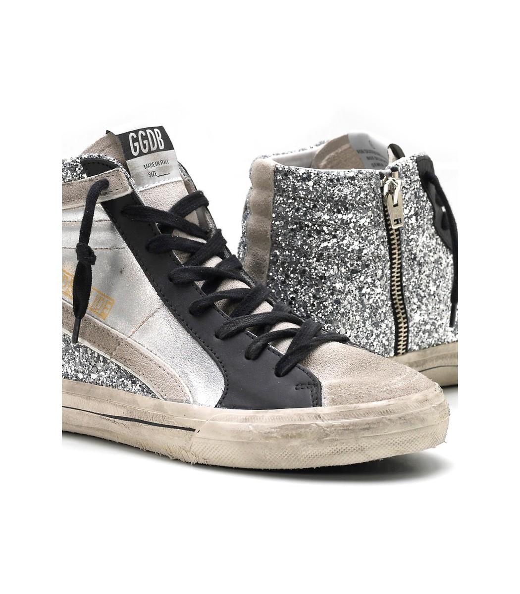 Golden Goose Deluxe Brand Slide Sneakers In Silver Glitter Leather/black  Star in Metallic - Lyst