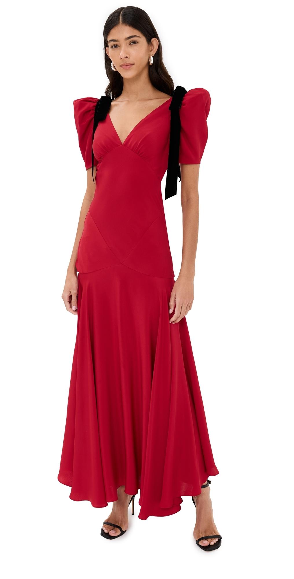 Rodarte Short Sleeve Silk Crepe Bias Dress With Velvet Bows in Red | Lyst