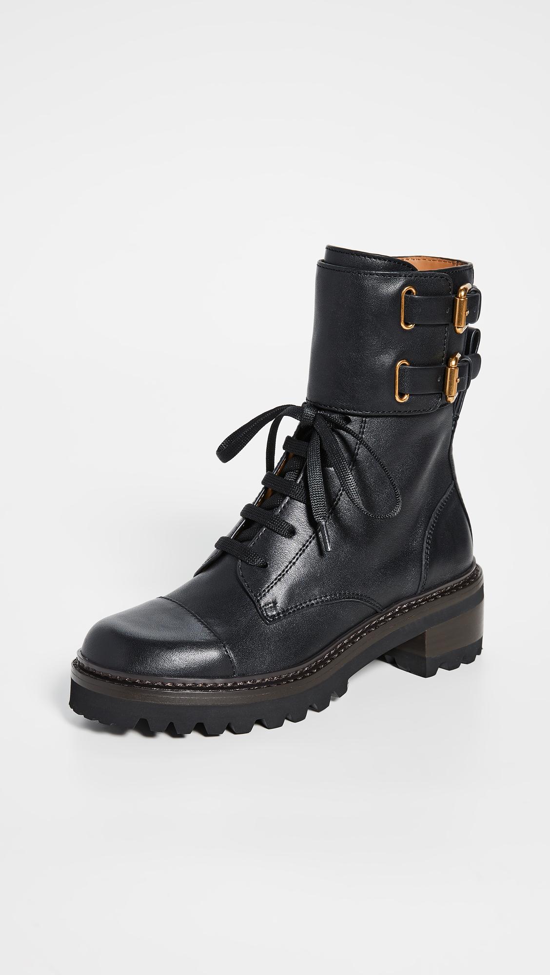See By Chloé Leather Mallory Combat Lug Boots in Nero (Black) - Lyst