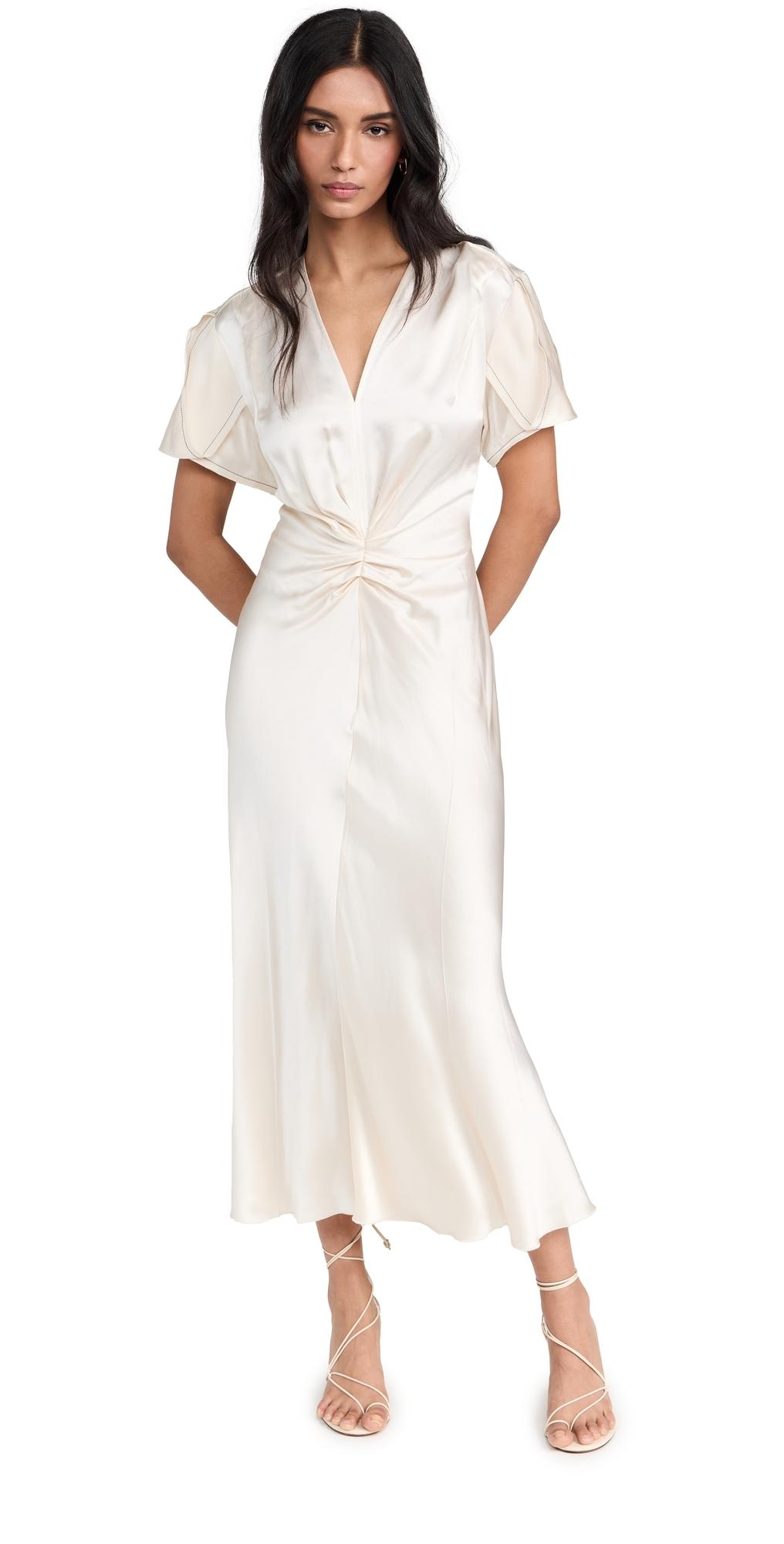 Victoria Beckham Gathered V Neck Midi Dress in White | Lyst