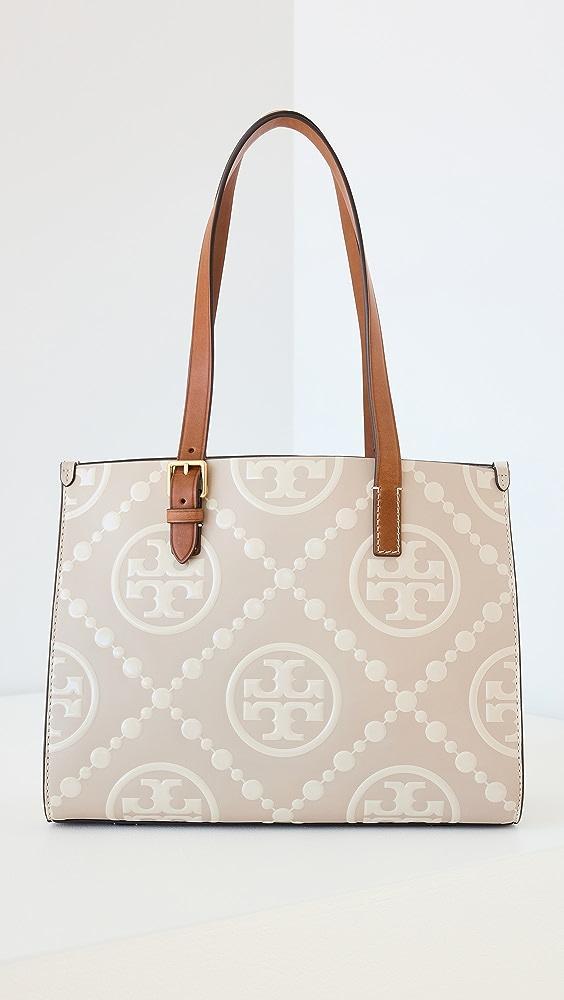 Tory Burch T Monogram Contrast Embossed Small Tote in Natural