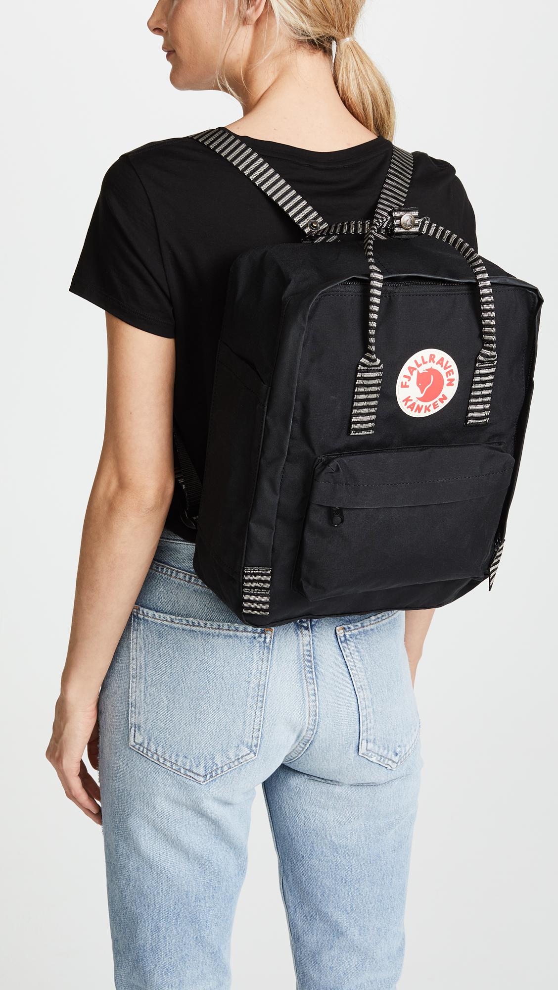 fjallraven mini kanken black backpack with contrast stripes