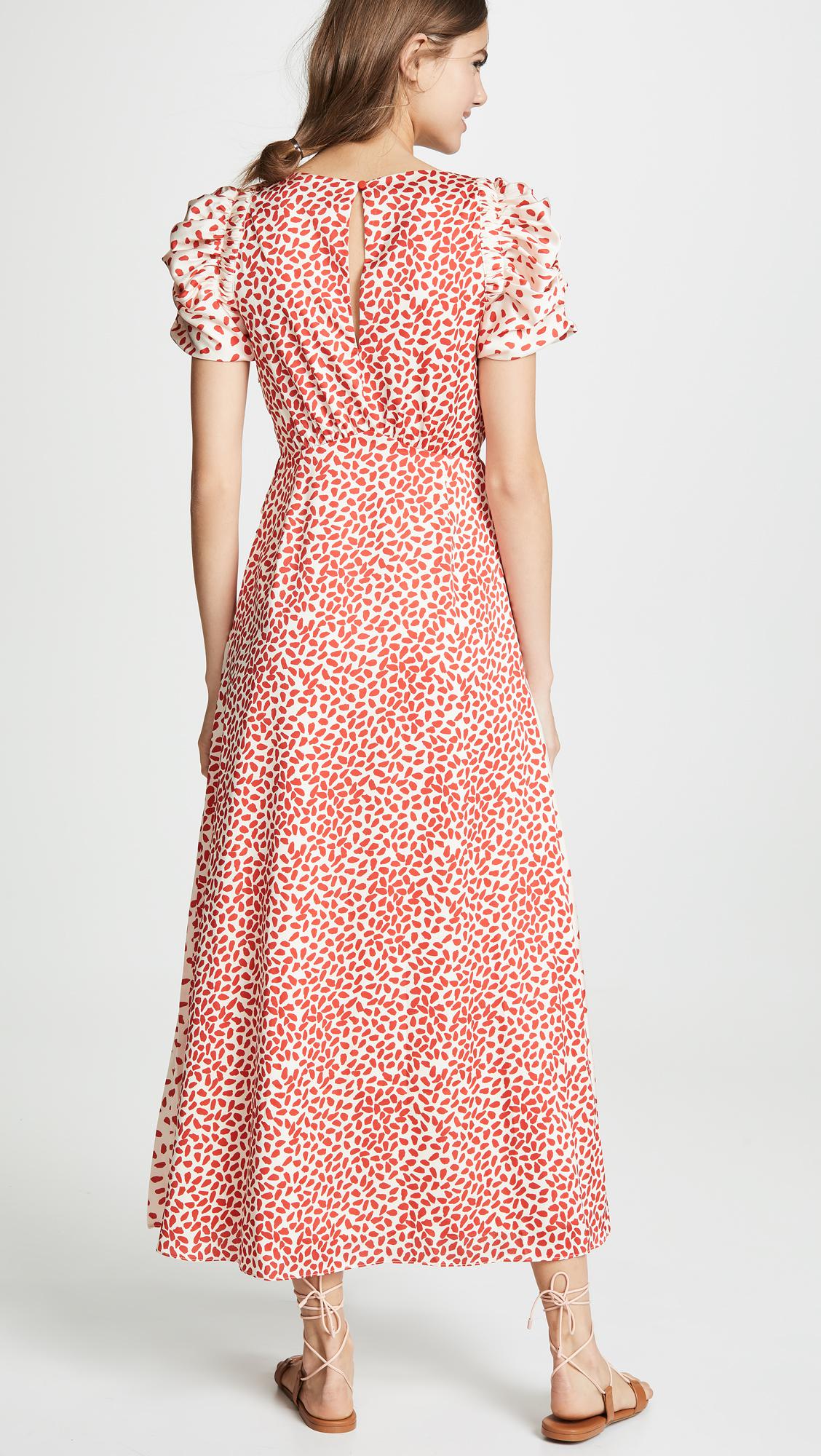 self portrait cream and red dot satin printed dress