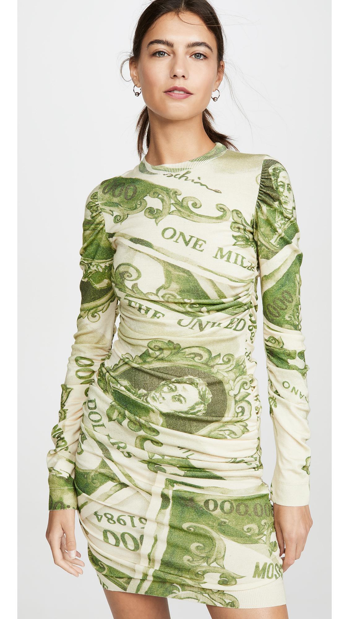 Moschino Wool Long Sleeve Dollar Bill Mini Dress in Green - Lyst