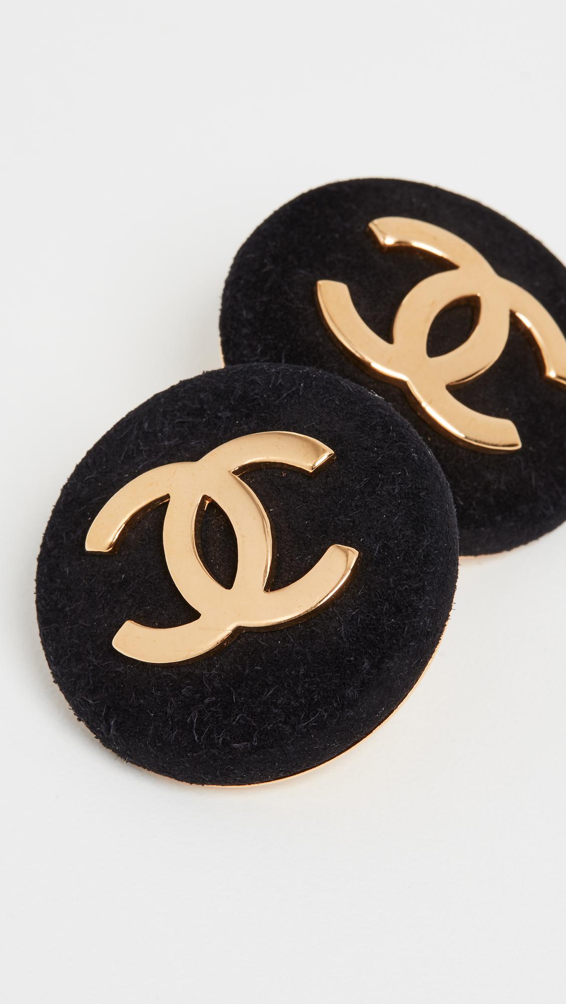 Chanel Black Velvet Cc Round Earrings
