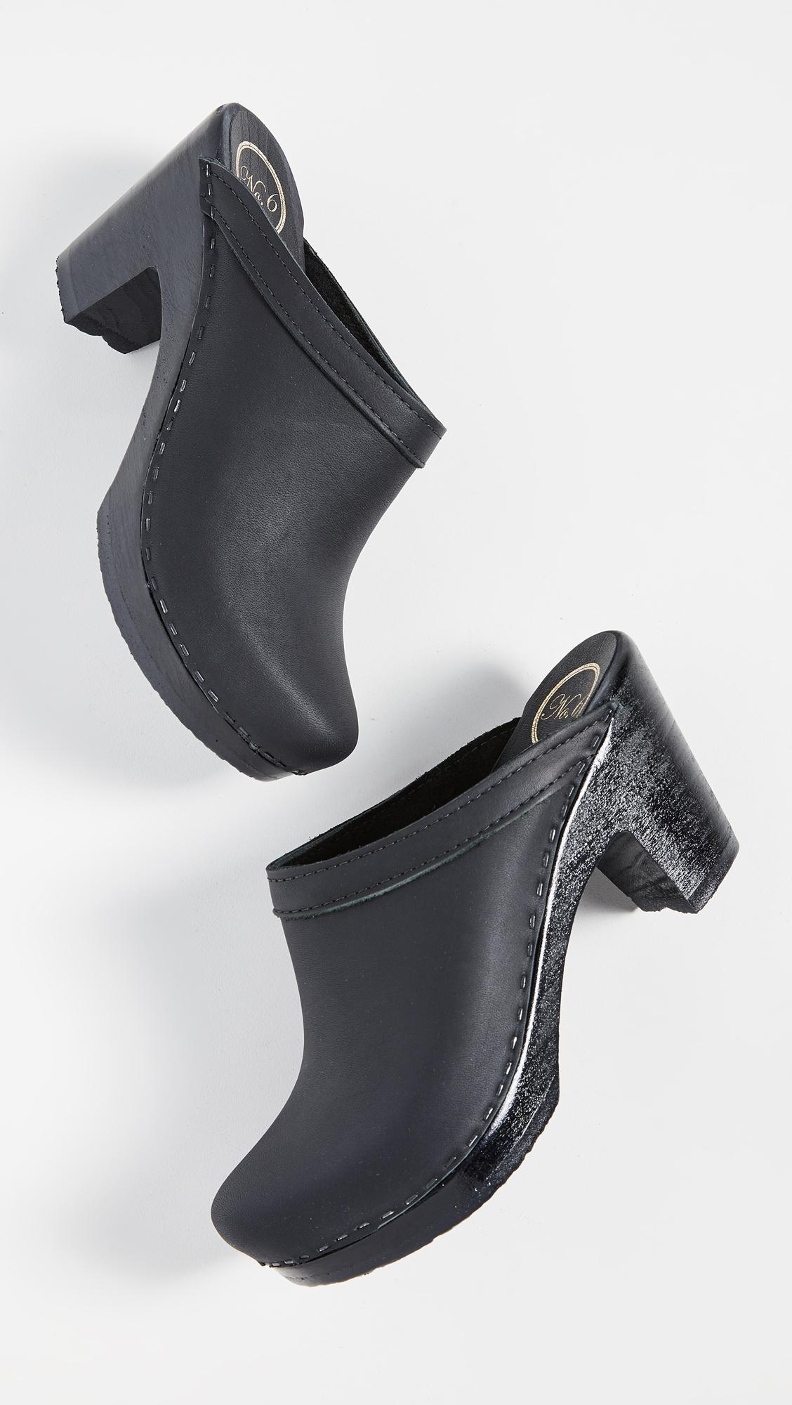 black leather high heel clogs