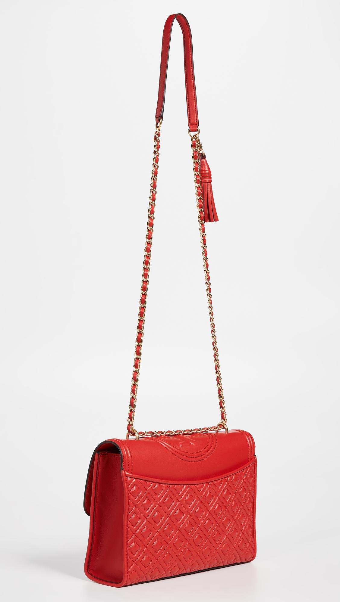 Tory Burch Fleming Small Convertible Leather Shoulder Bag- Red