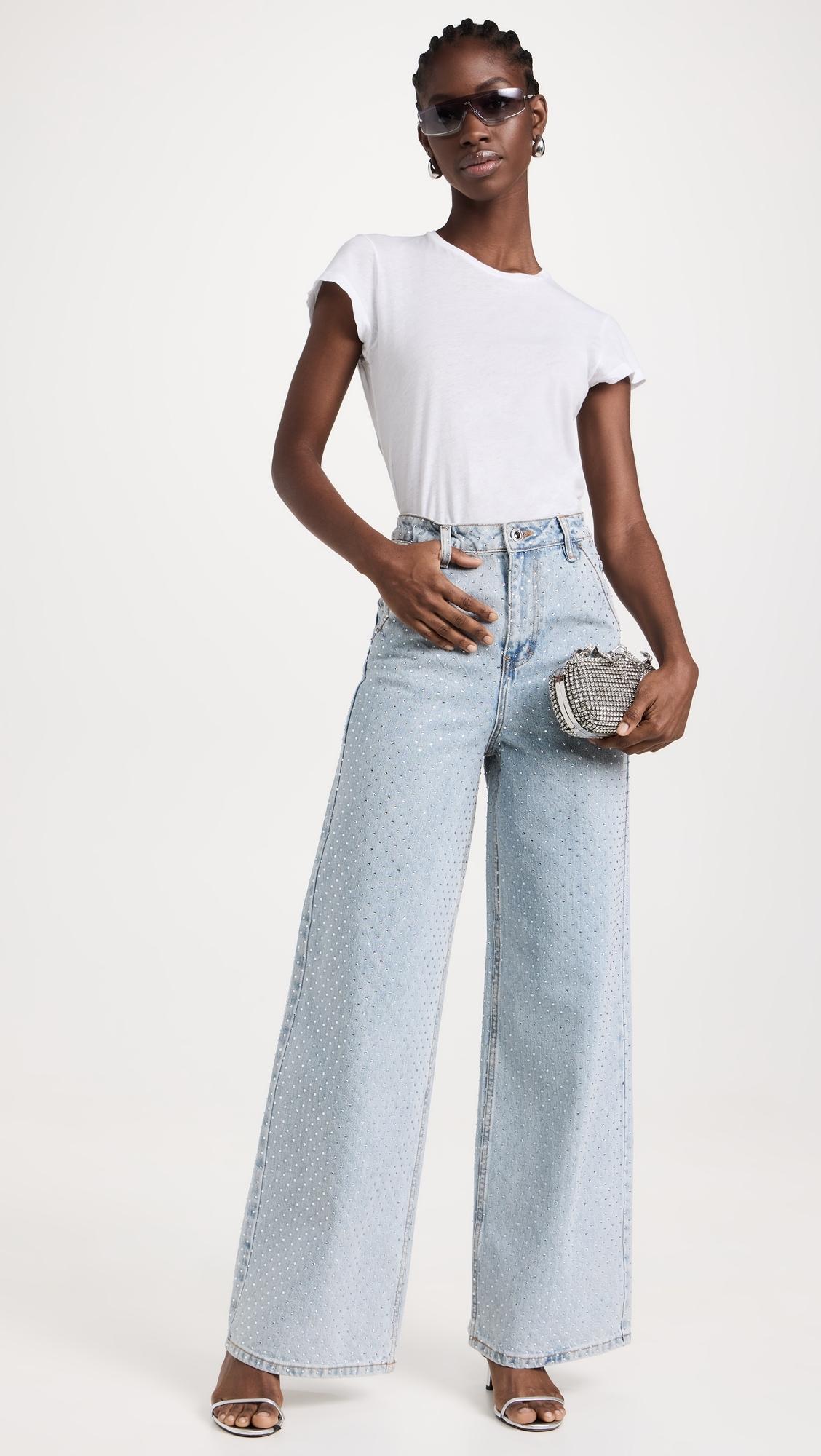 Self-Portrait Rhinestone Wide Leg Jeans in Blue | Lyst