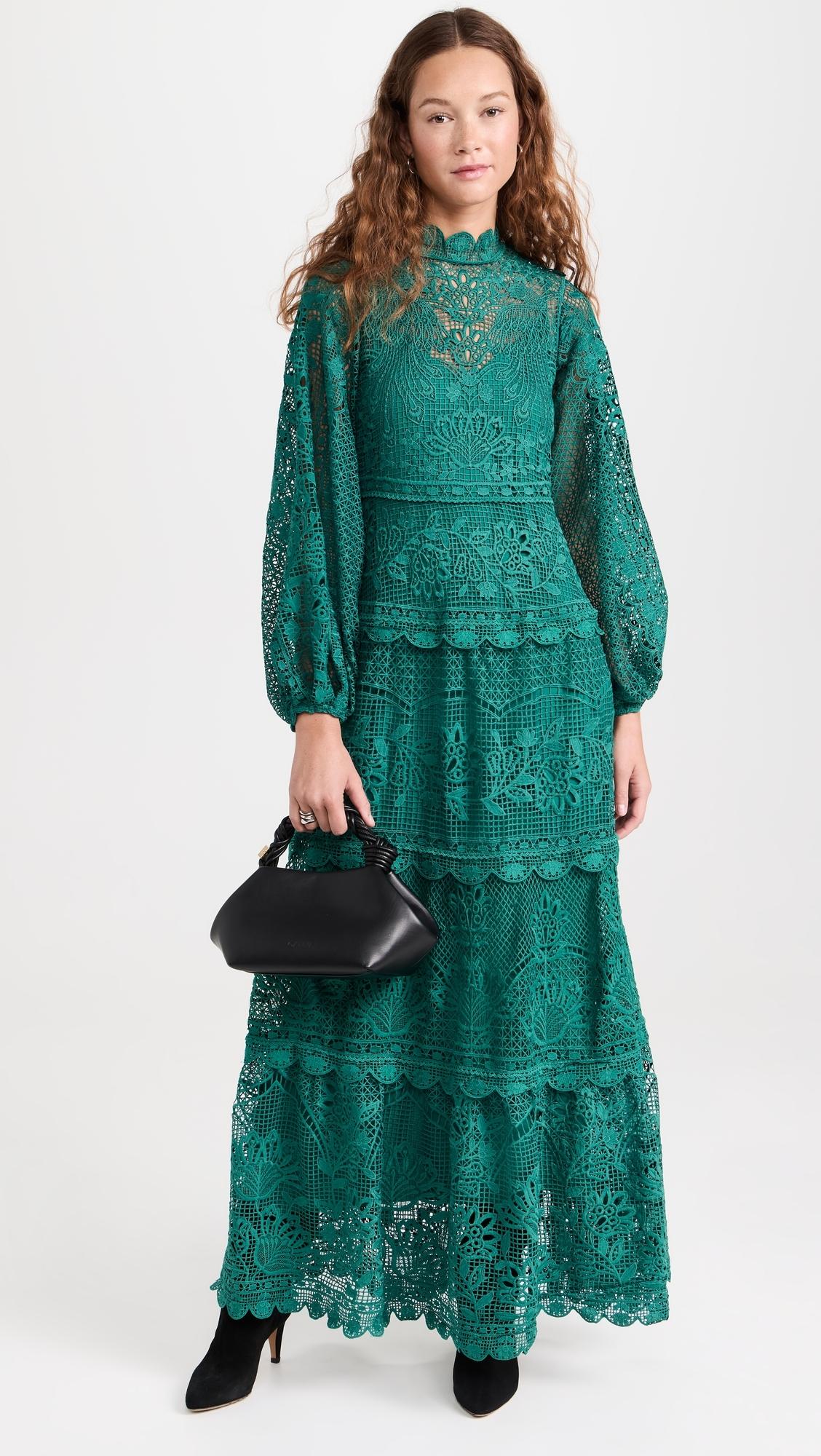 farm rio dark green guipure long sleeve maxi dress in New-JK