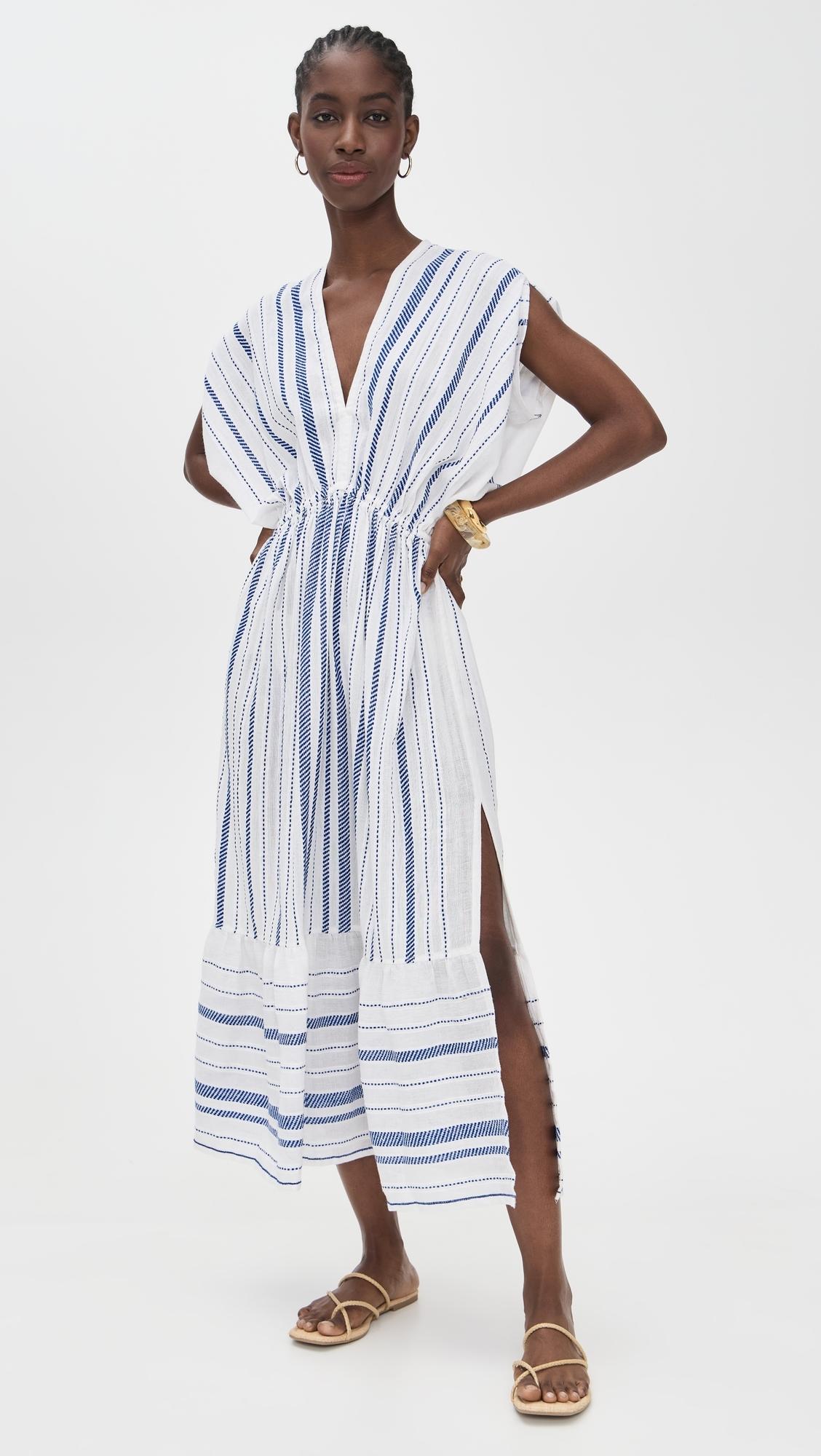 open lace back dress Lemlem Women's Alem Hand Woven Short Plunge V Neck Dress in Nunu Navy main image 1