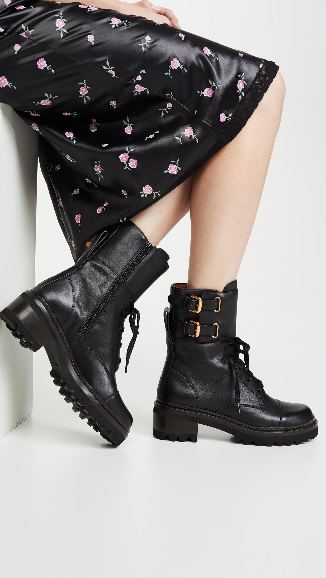 See By Chlo 233 Leather Mallory Combat Lug Boots in Nero Black Lyst