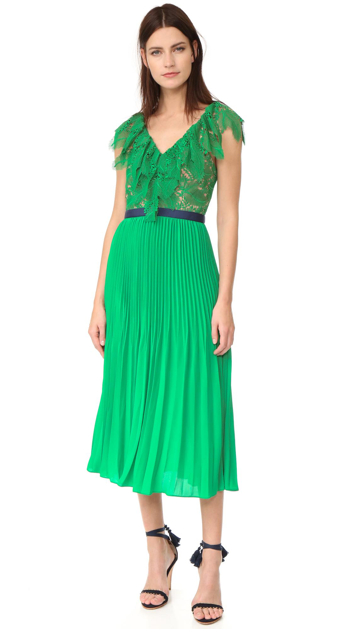 Three Floor Lace Dress Code Pleat Dress In Emerald Nude Green Lyst | My ...