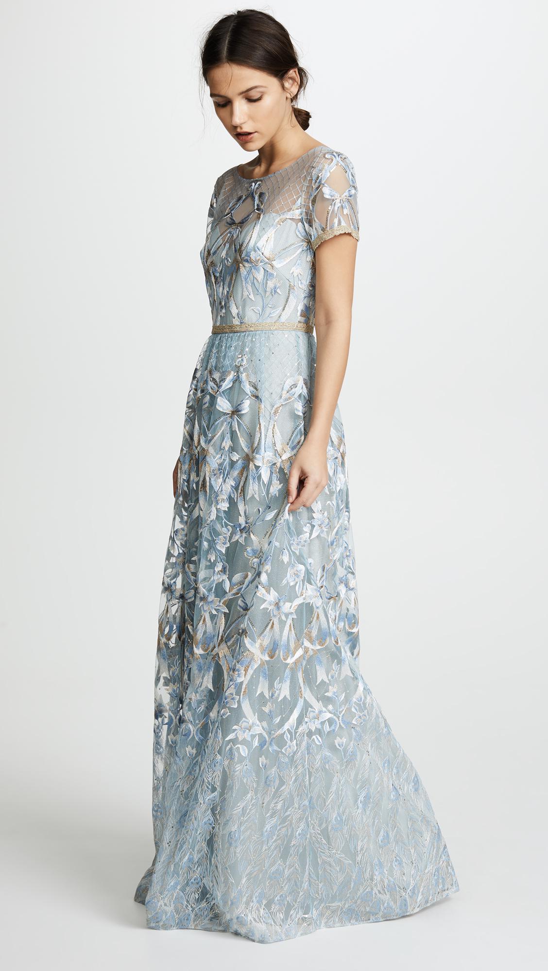 Marchesa notte Synthetic Embroidered Gown With Metallic Lace Trim in Light  Blue (Blue) | Lyst