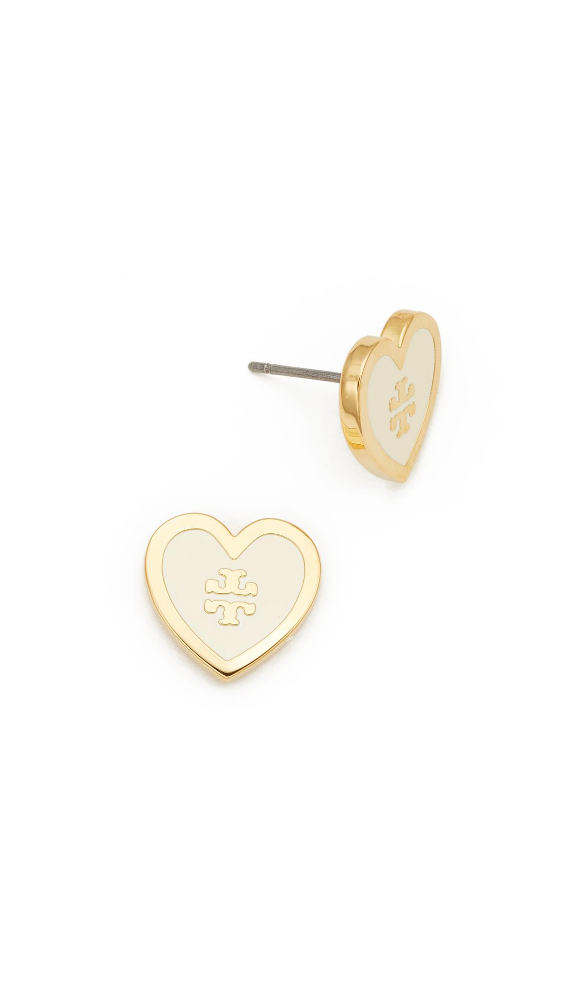 Tory Burch Logo Heart Stud Earrings in Metallic | Lyst