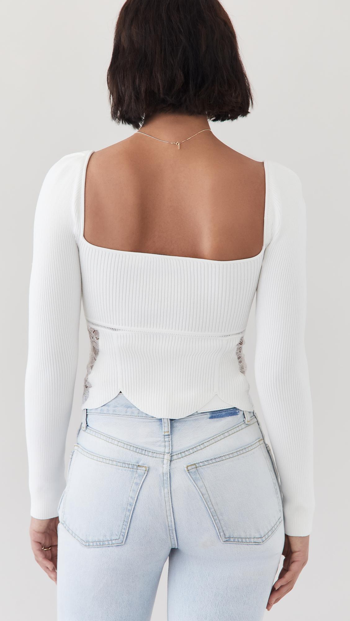 Tシャツ・カットソー SELF PORTRAIT Viscose top with lace inserts WHITE White Lace Trim Rib Knit Top – self-portrait