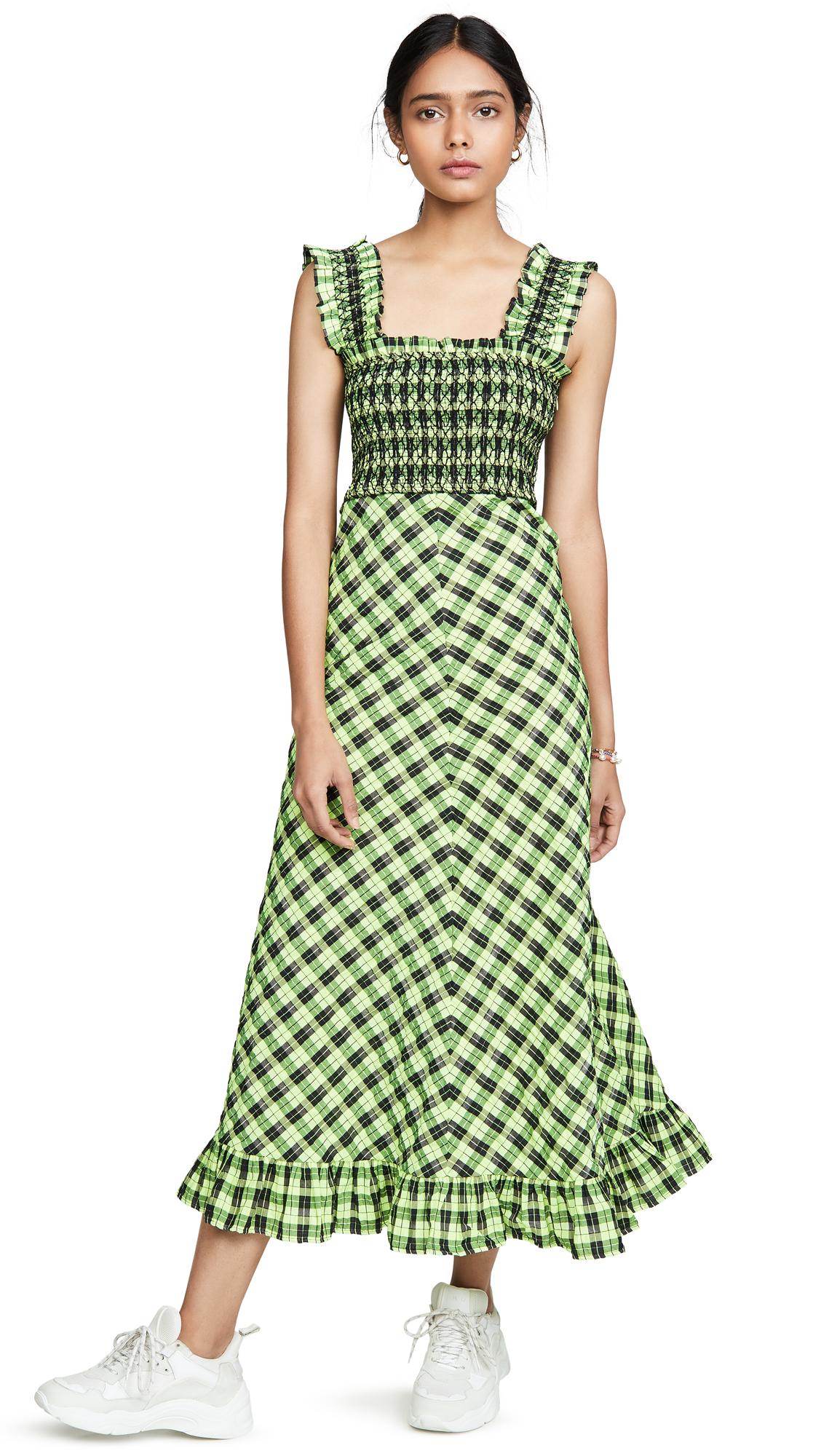 Ganni Checked Seersucker Midi Dress in Green Lyst